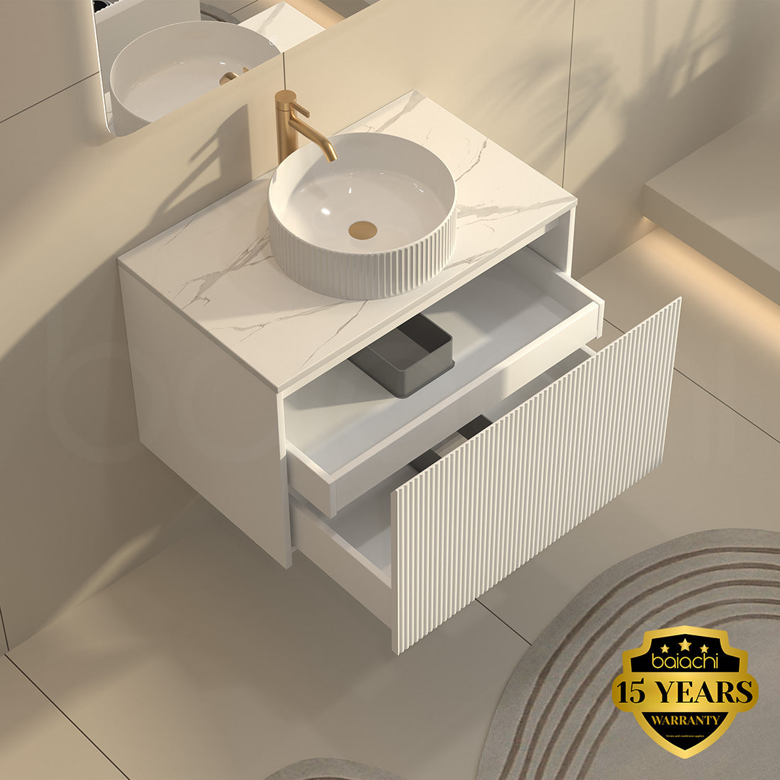 Baiachi Clermont 750 White Fluted Wall Hung Bathroom Vanity White Stone
