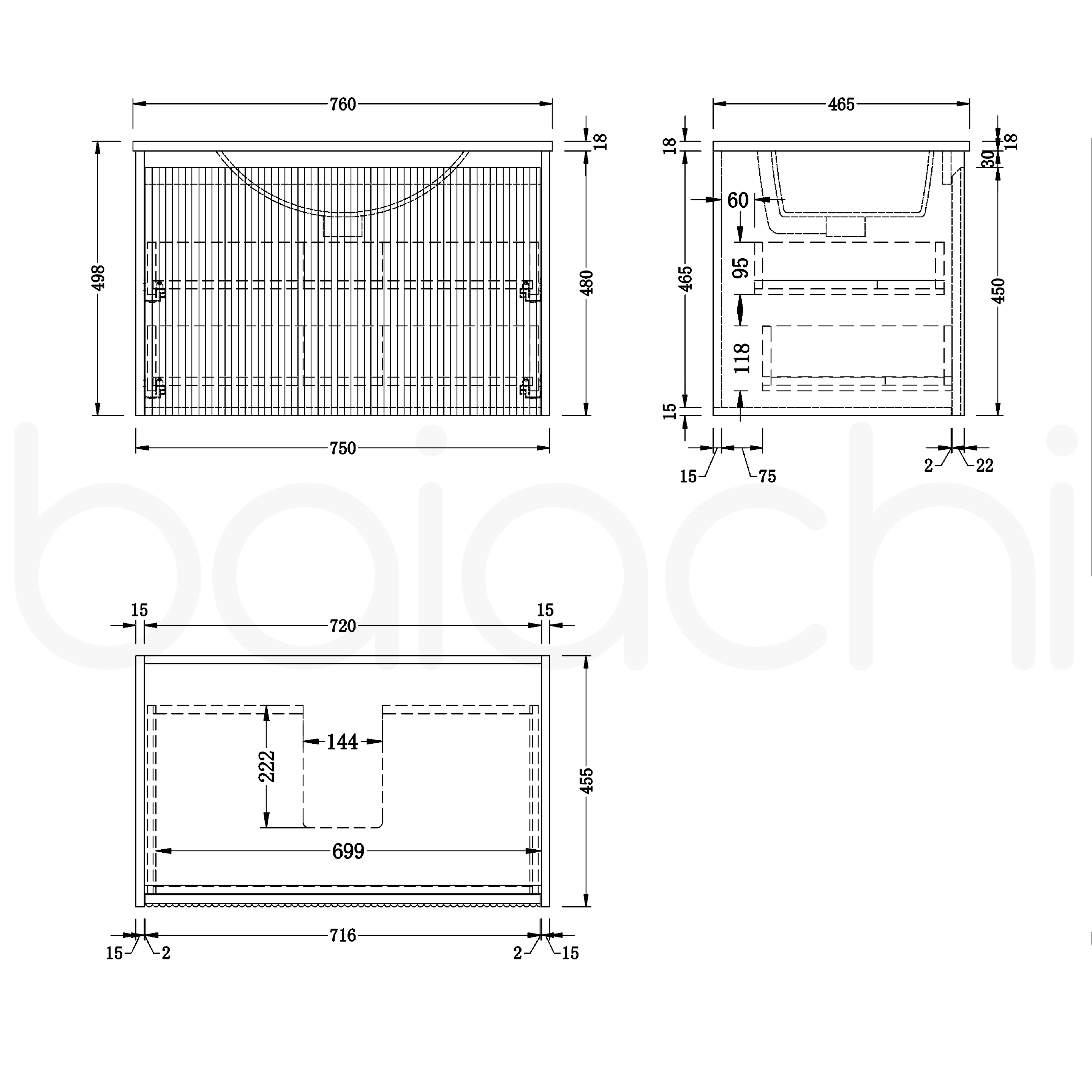 Baiachi Clermont 750mm Black Fluted Wall Hung Bathroom Vanity Cabinet