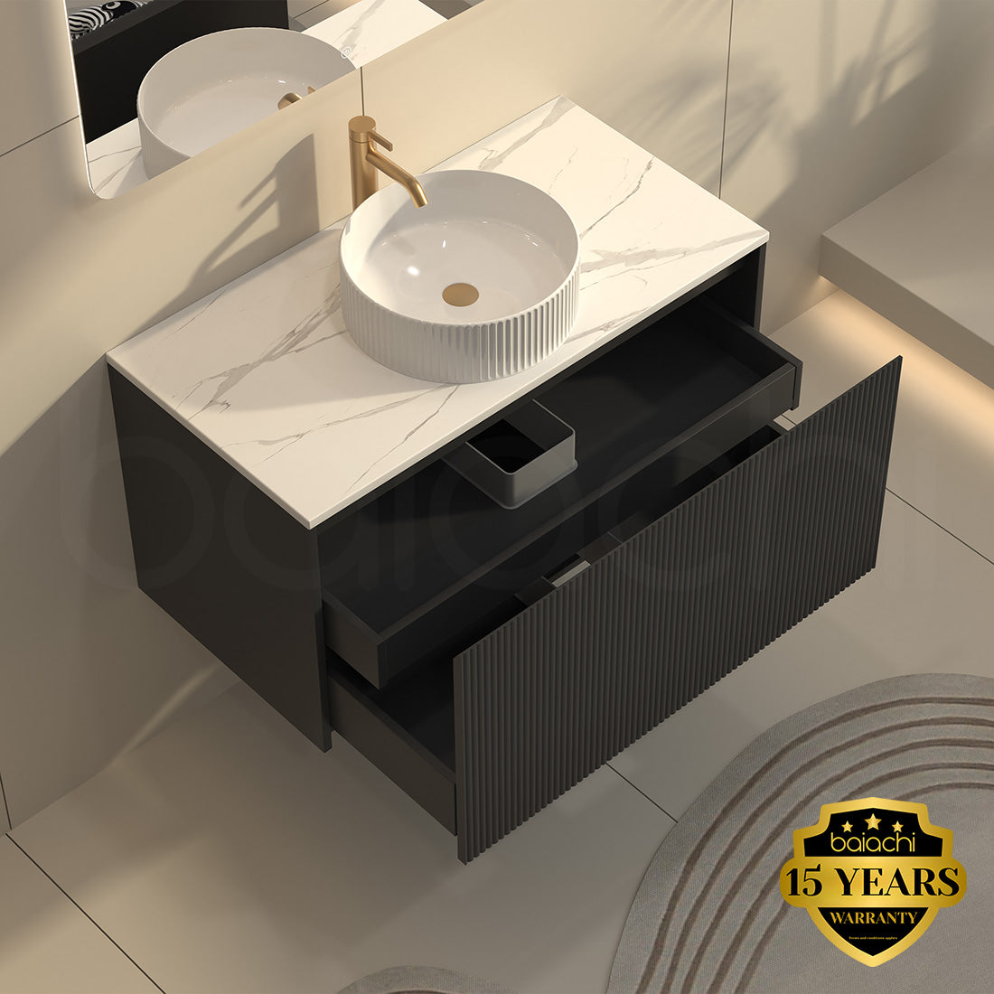 Baiachi Clermont 900 Black Fluted Wall Hung Bathroom Vanity Ceramic Basin