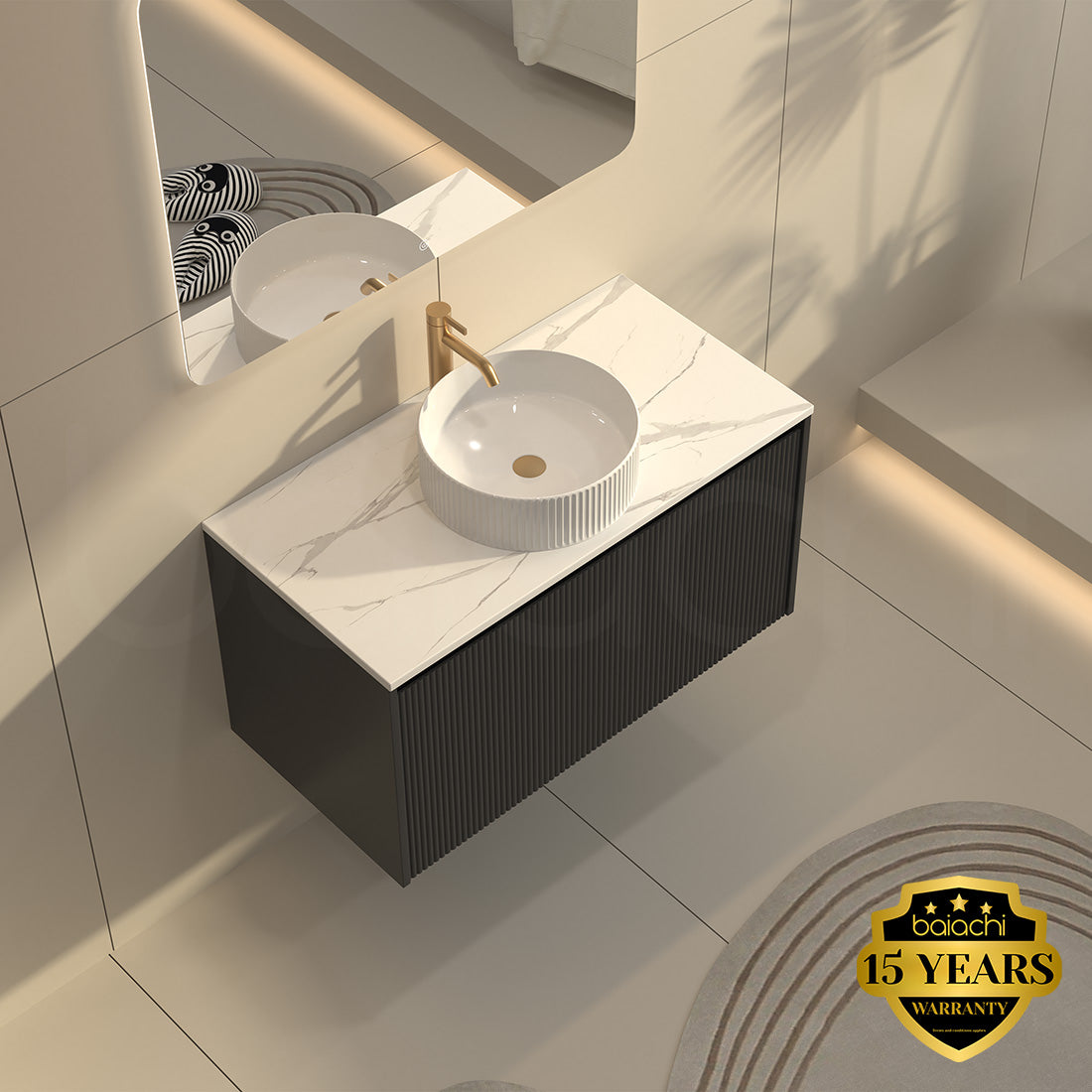 Baiachi Clermont 900 Black Fluted Wall Hung Bathroom Vanity Ceramic Basin