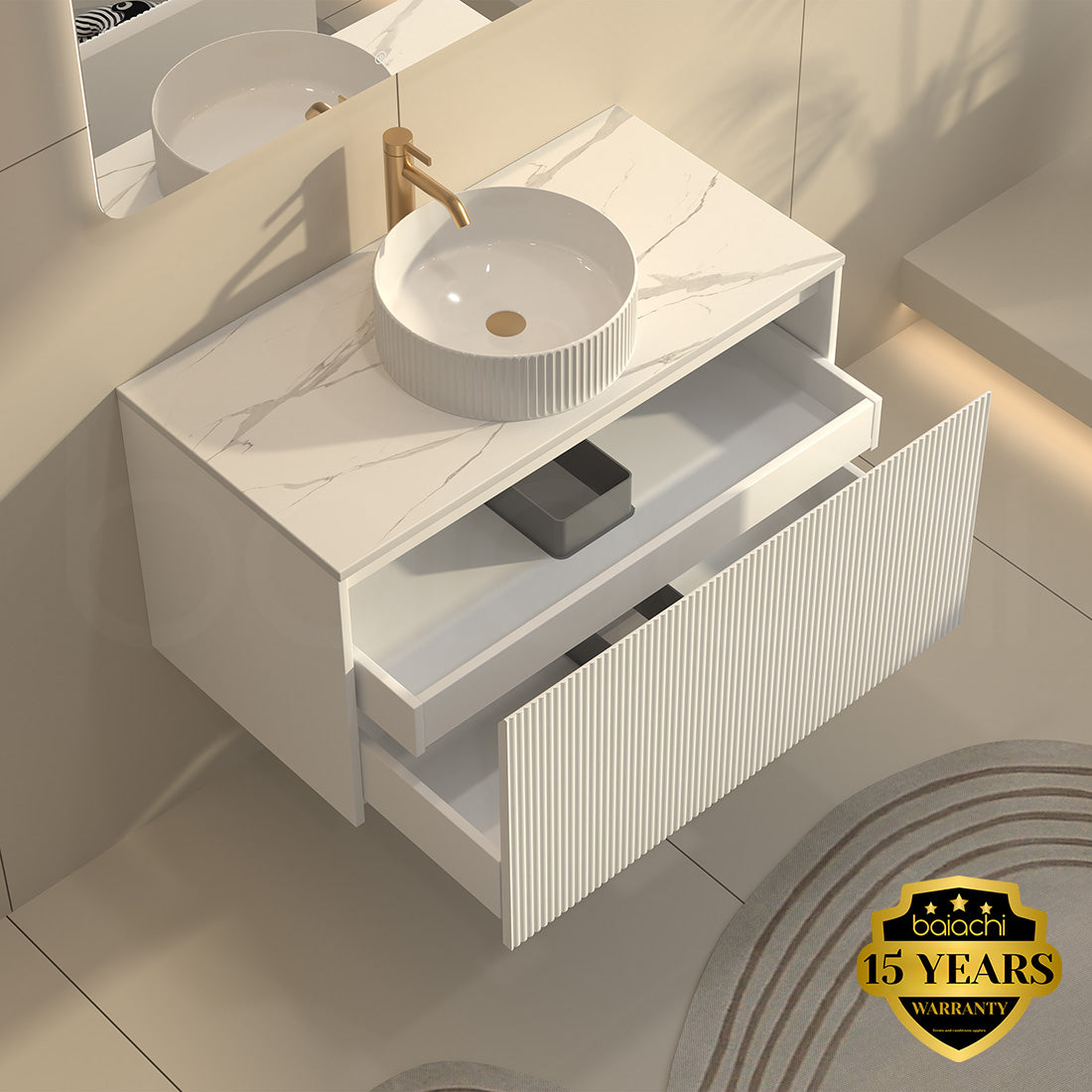 Baiachi Clermont 900 White Fluted Wall Hung Bathroom Vanity Ceramic Basin