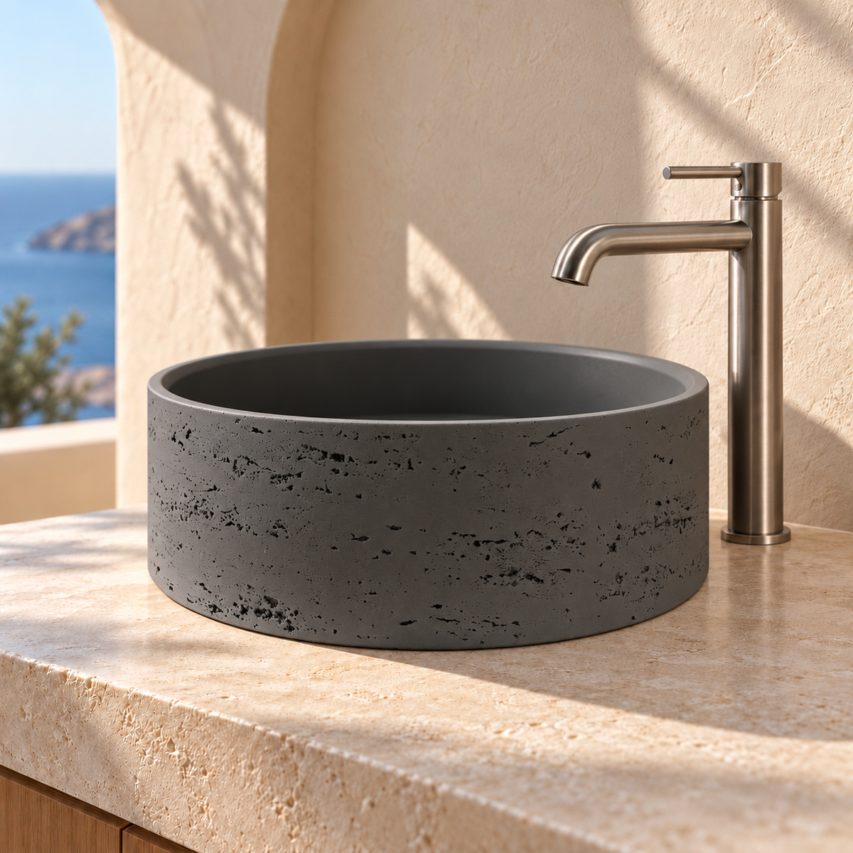 Baiachi Travertine Round Concrete Bathroom Counter Top Basin Ankara Charcoal
