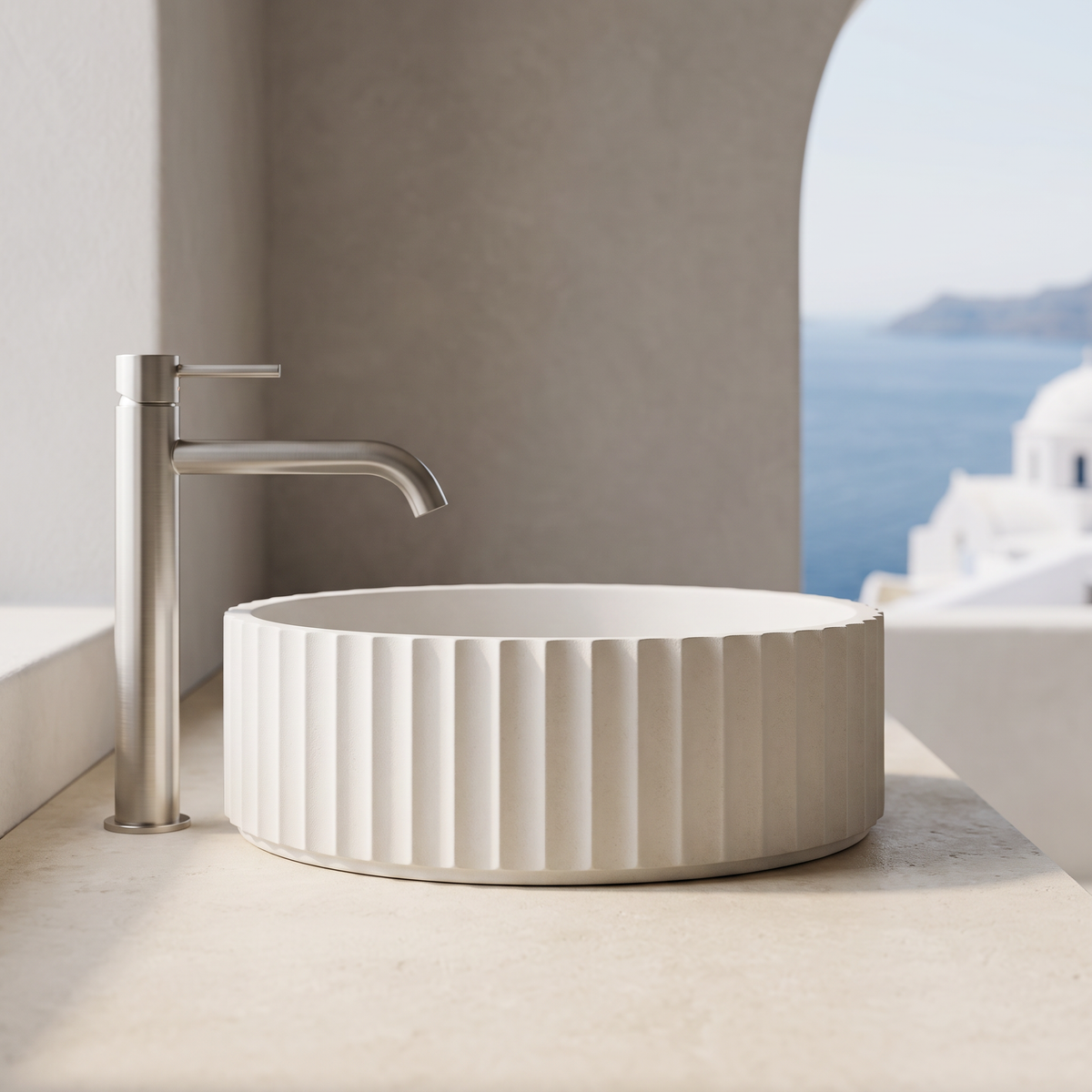 Baiachi Travertine Oval Fluted Concrete Bathroom Counter Top Basin Tuscany Warm White