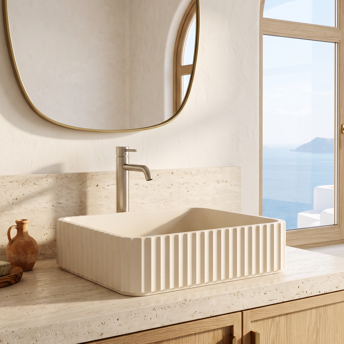 Baiachi Travertine Square Fluted Concrete Bathroom Counter Top Basin Tuscany Warm White