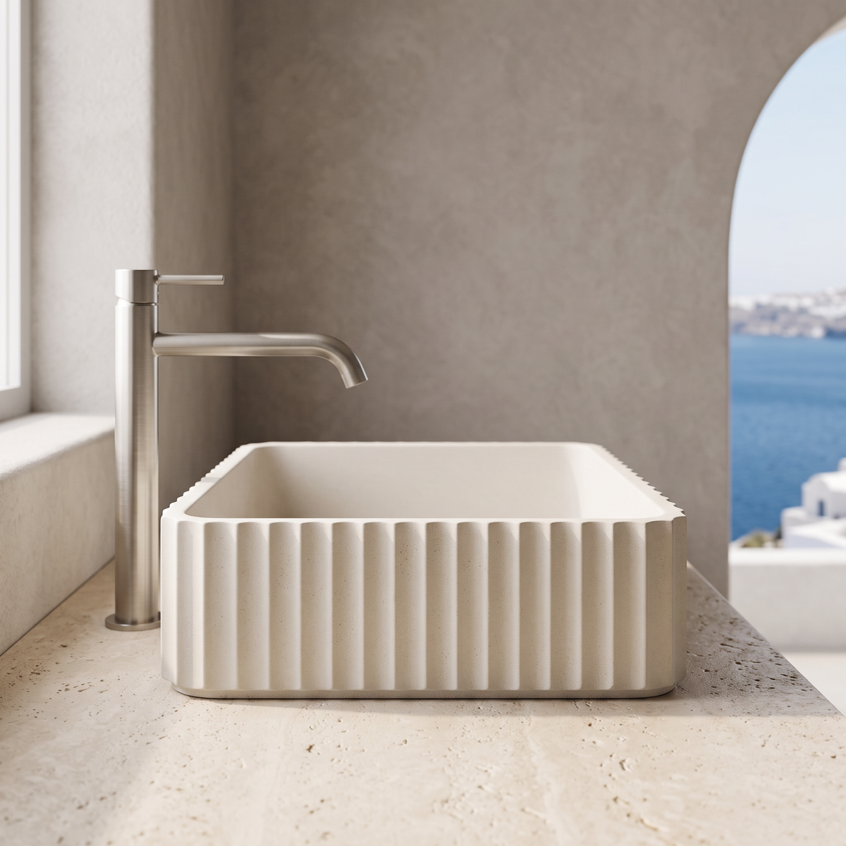 Baiachi Travertine Square Fluted Concrete Bathroom Counter Top Basin Tuscany Warm White