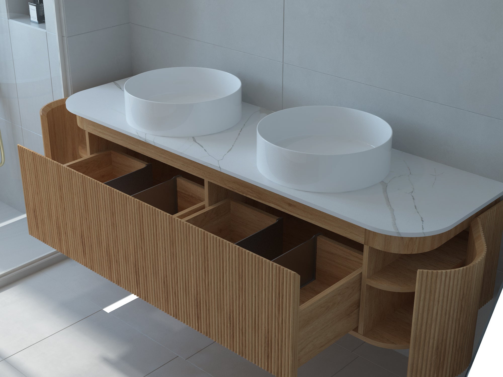 Baiachi Gympie 1500 Fluted Timber Bathroom Vanity Wall Hung Calacatta Stone