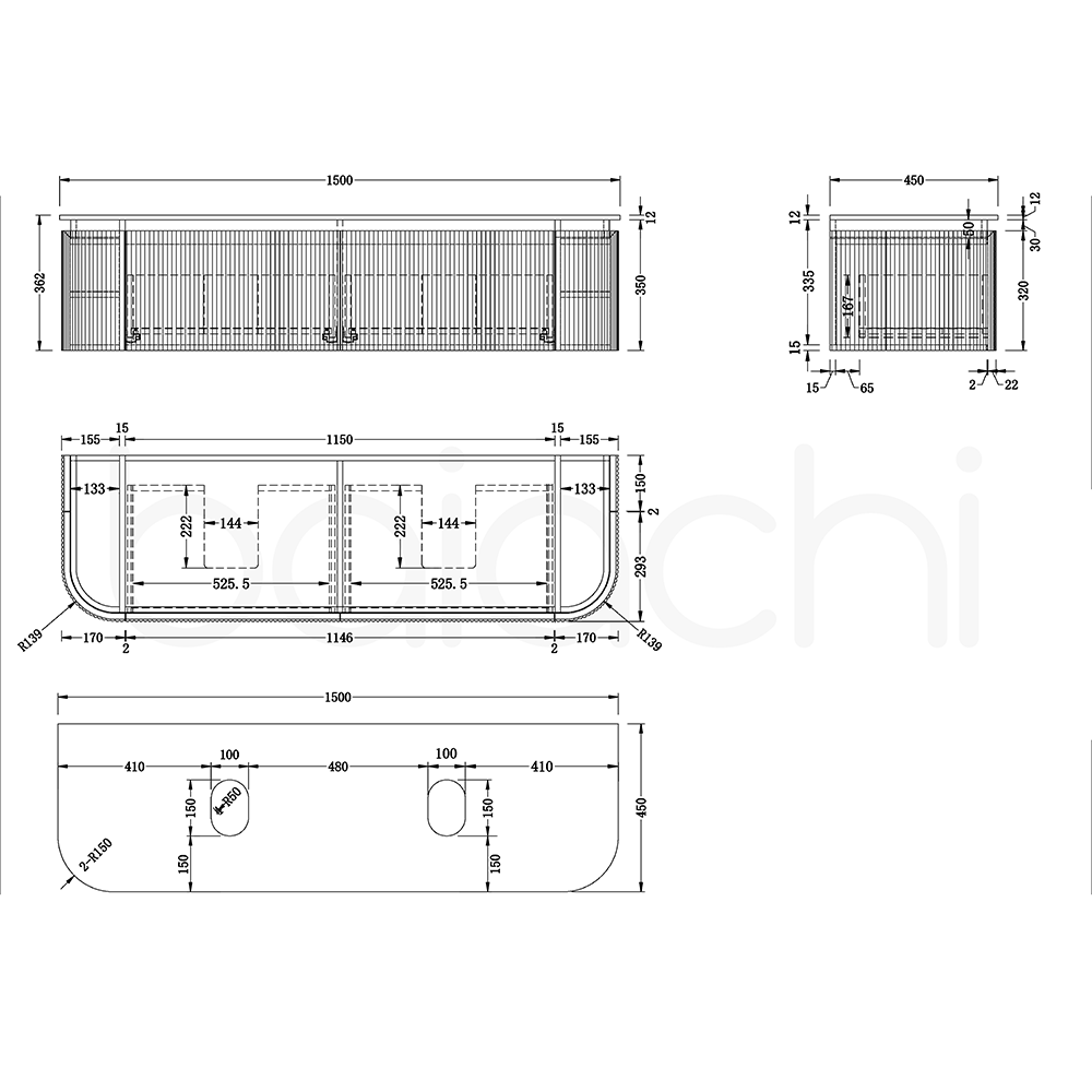 Baiachi Gympie 1500 White Fluted Timber Bathroom Vanity Wall Hung Calacatta Stone