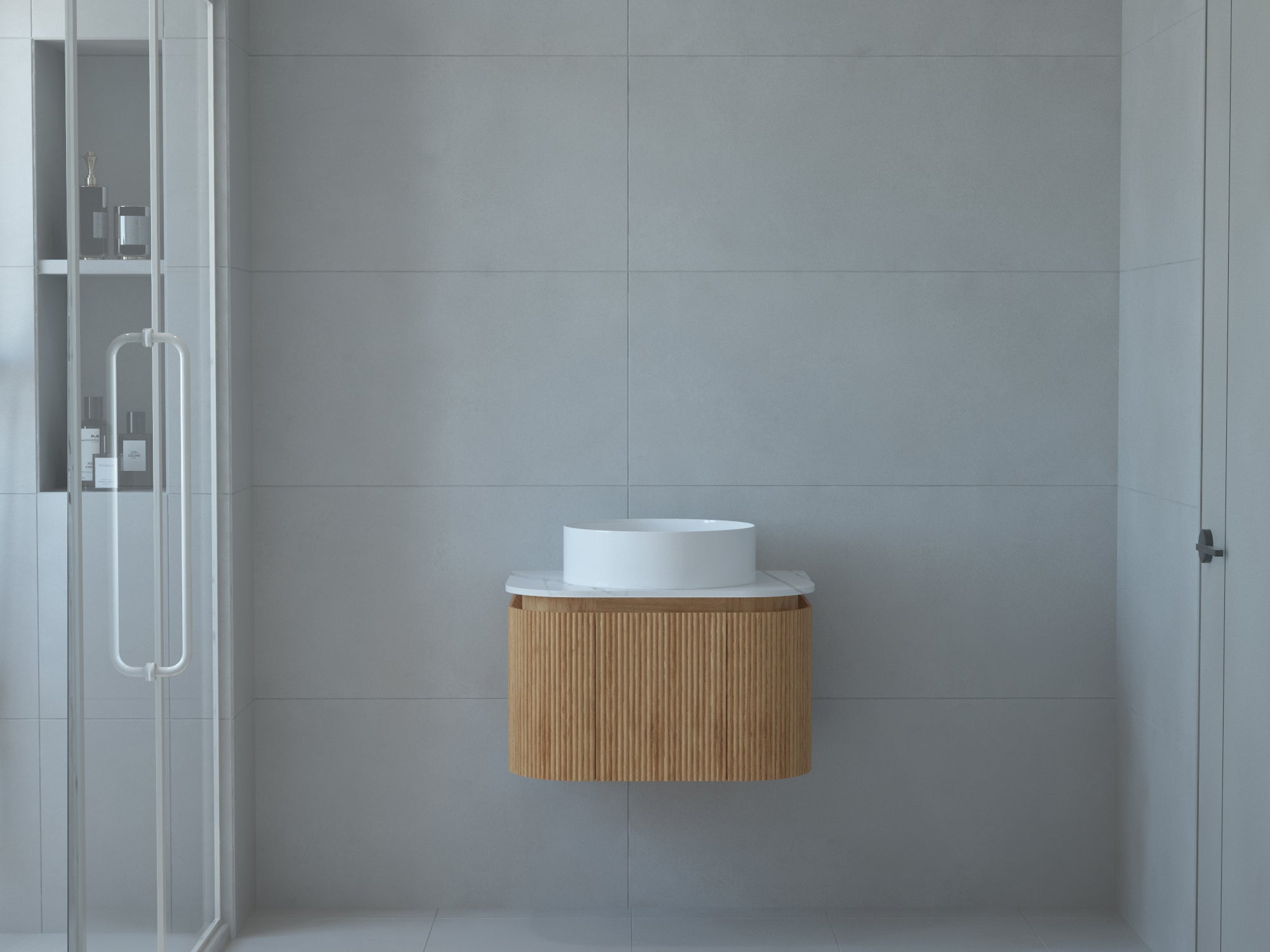 Baiachi Gympie 600 Fluted Timber Bathroom Vanity Wall Hung Calacatta Stone