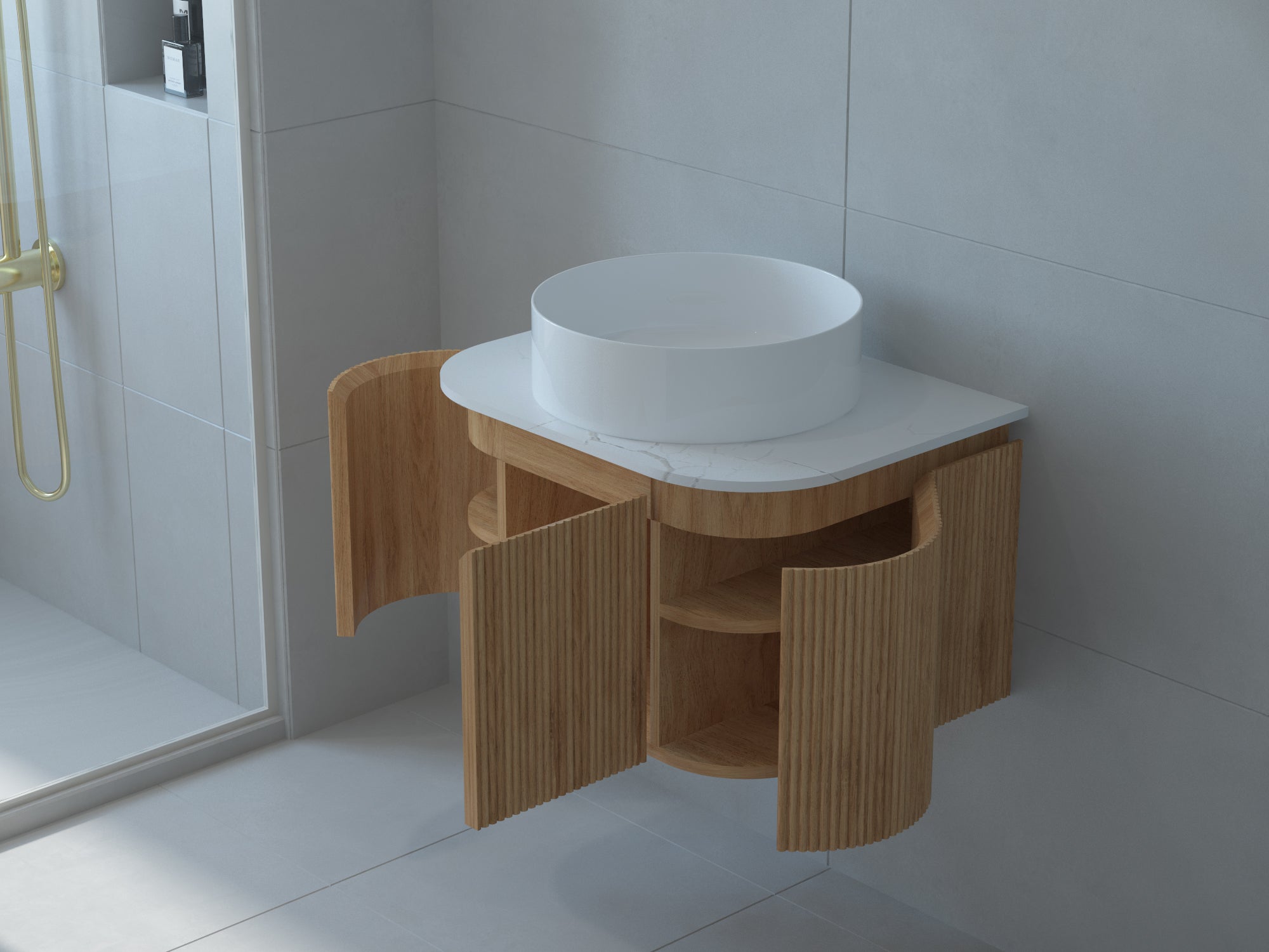 Baiachi Gympie 600 Fluted Timber Bathroom Vanity Wall Hung Calacatta Stone