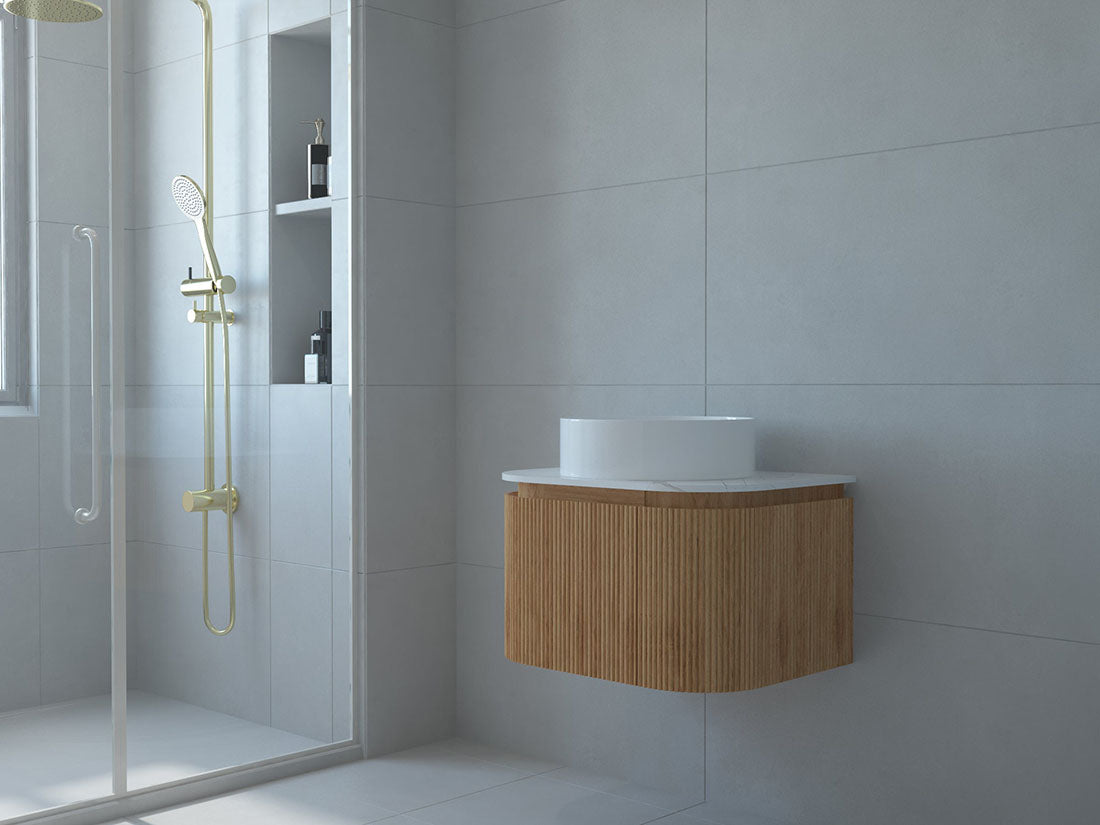 Baiachi Gympie 600 Fluted Timber Bathroom Vanity Wall Hung Calacatta Stone