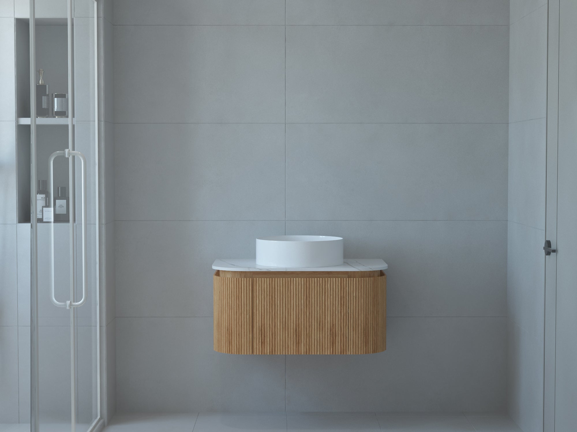 Baiachi Gympie 750 Fluted Timber Bathroom Vanity Wall Hung Calacatta Stone