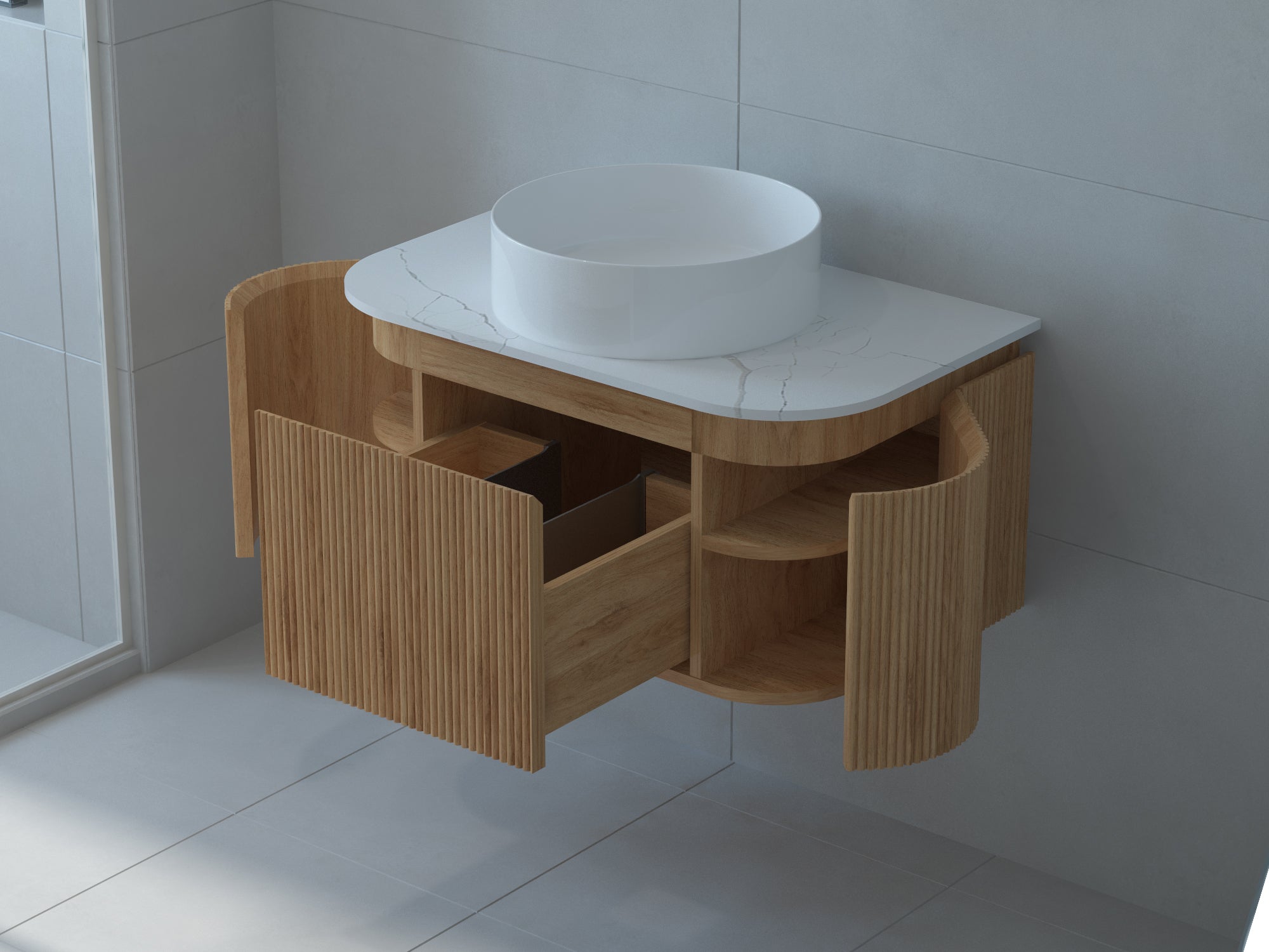 Baiachi Gympie 750 Fluted Timber Bathroom Vanity Wall Hung Calacatta Stone