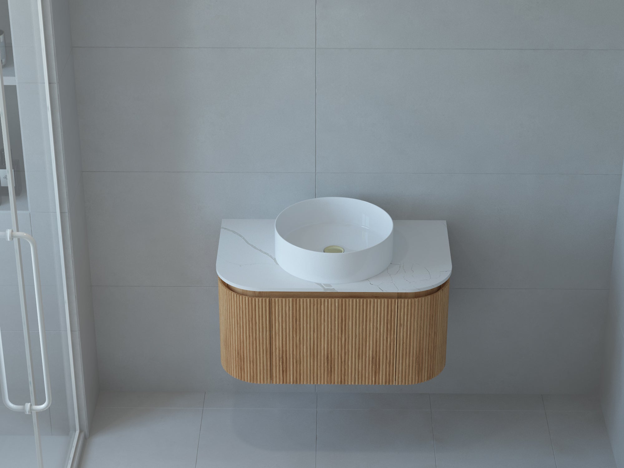 Baiachi Gympie 750 Fluted Timber Bathroom Vanity Wall Hung Calacatta Stone