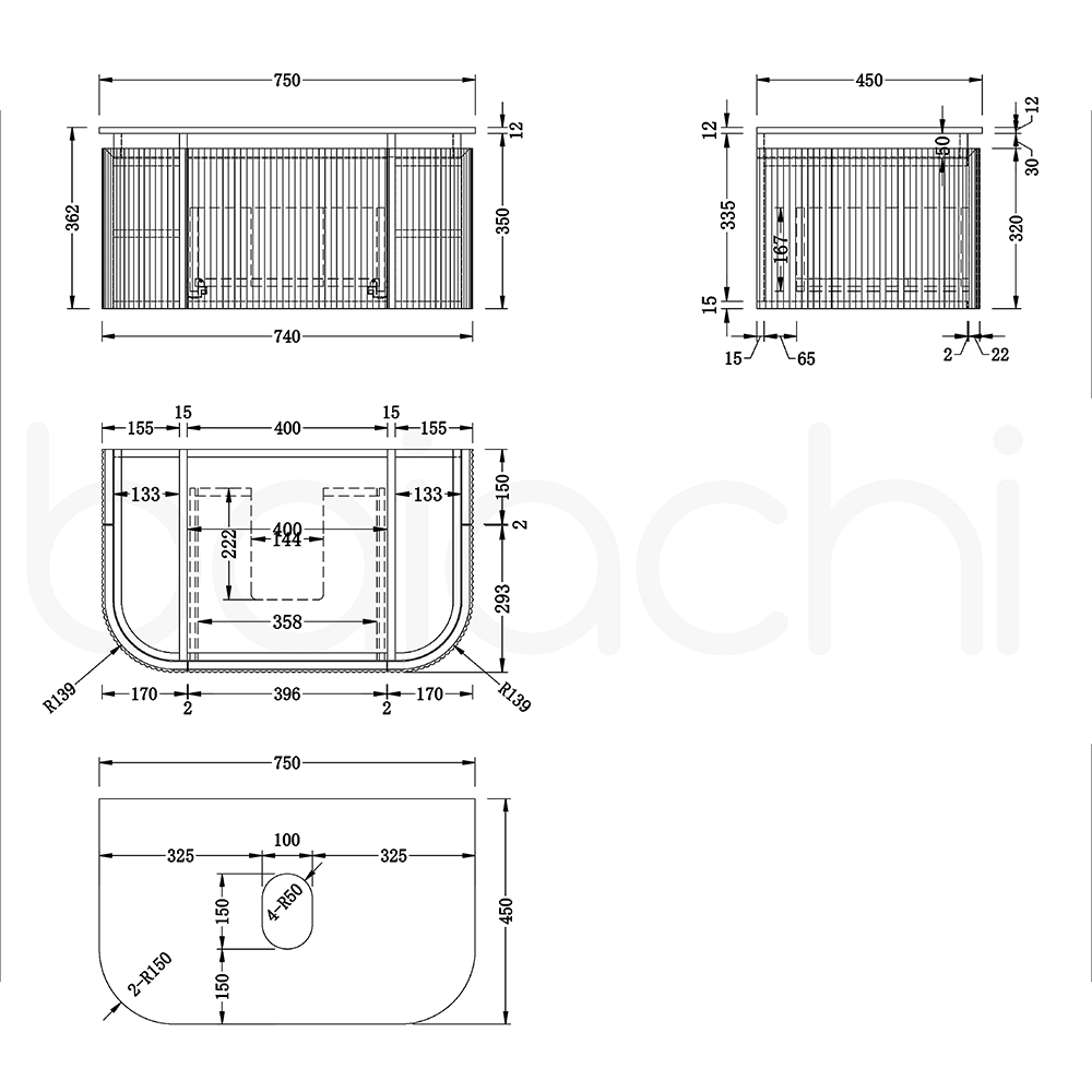Baiachi Gympie 750 White Fluted Timber Bathroom Vanity Wall Hung Calacatta Stone