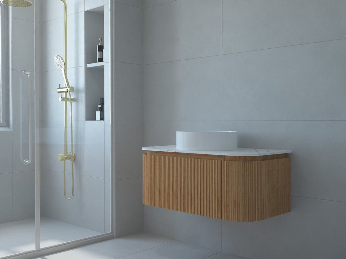 Baiachi Gympie 900 Fluted Timber Bathroom Vanity Wall Hung Calacatta Stone