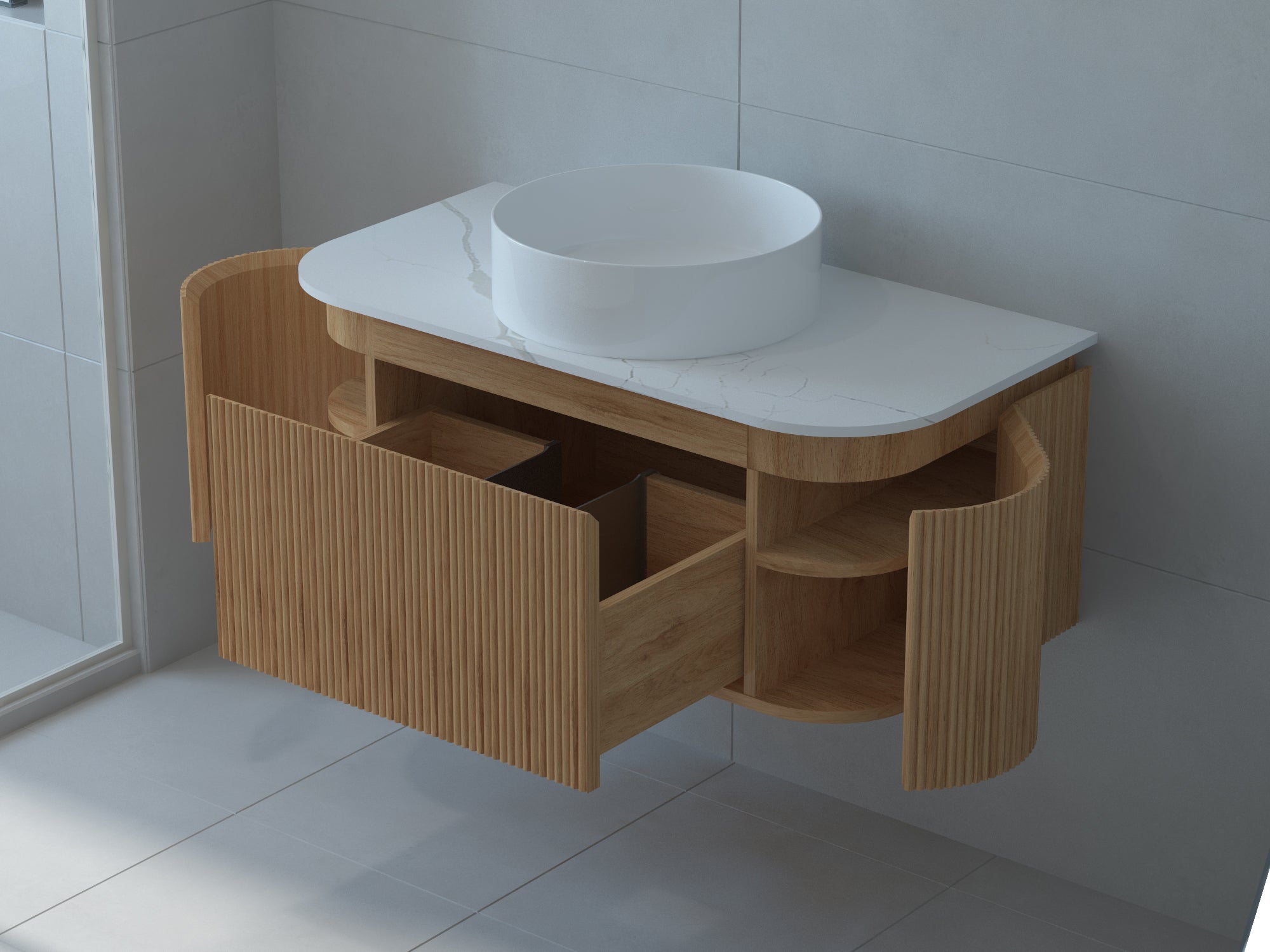 Baiachi Gympie 900 Fluted Timber Bathroom Vanity Wall Hung Calacatta Stone