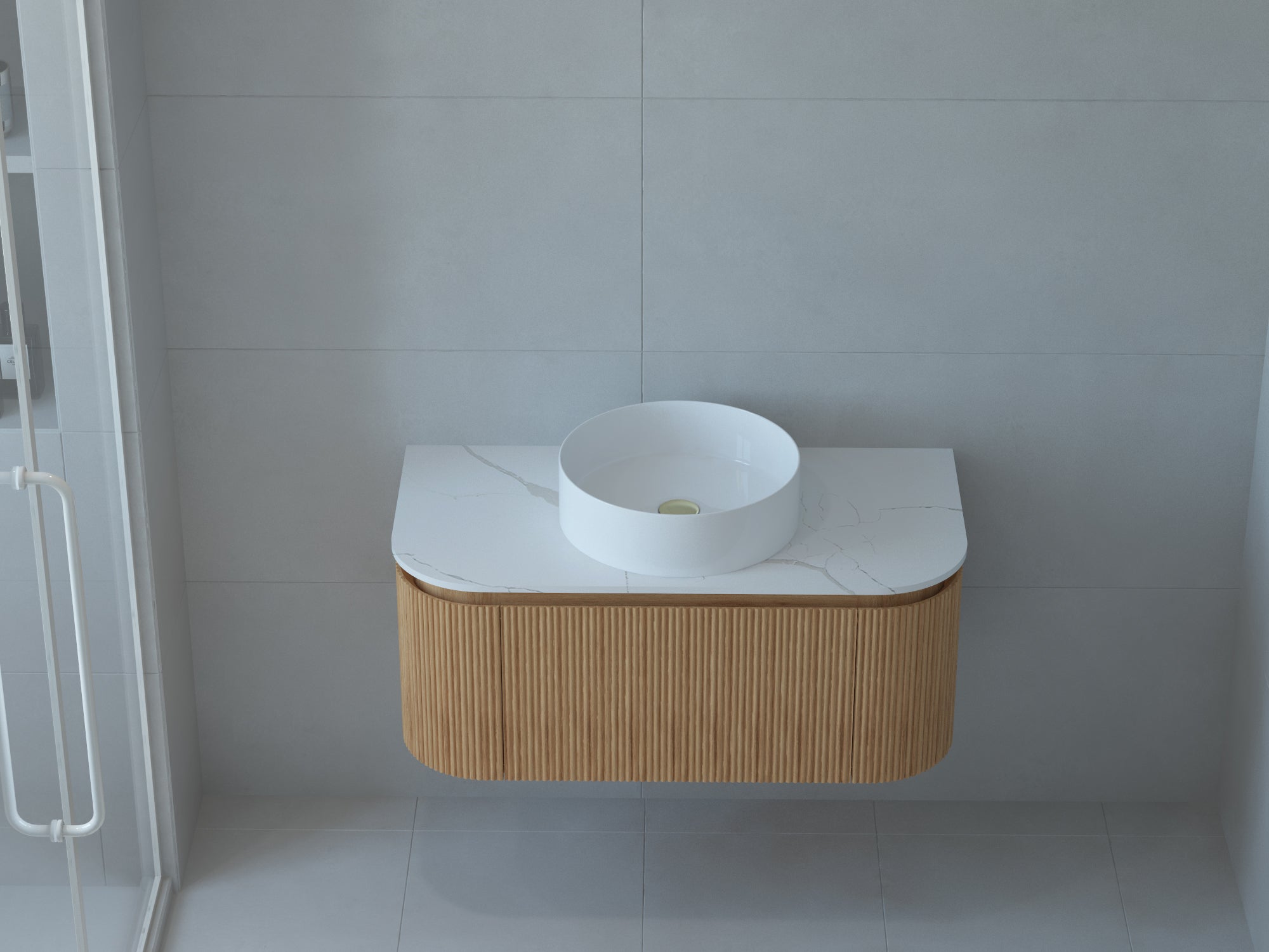 Baiachi Gympie 900 Fluted Timber Bathroom Vanity Wall Hung Calacatta Stone