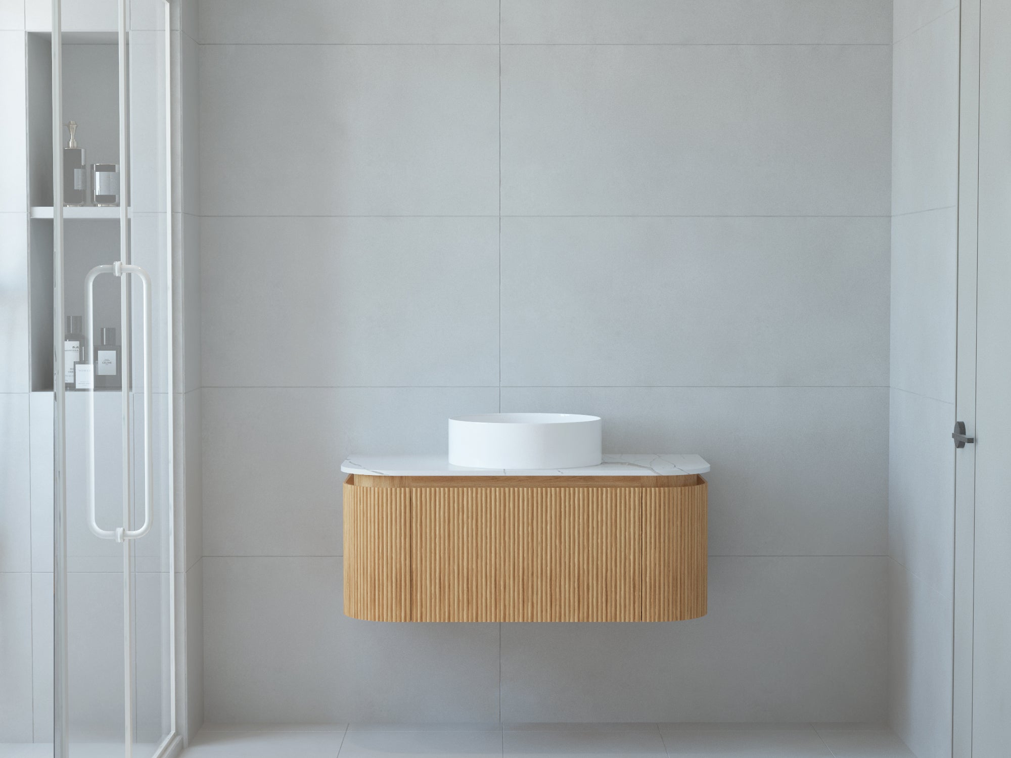 Baiachi Gympie 900 Fluted Timber Bathroom Vanity Wall Hung Calacatta Stone