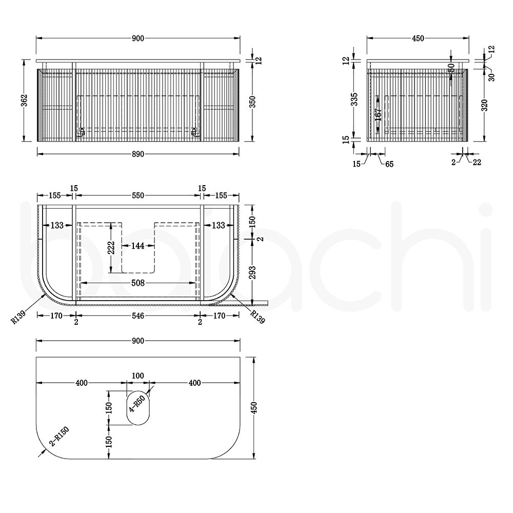 Baiachi Gympie 900 Black Fluted Timber Bathroom Vanity Wall Hung Calacatta Stone