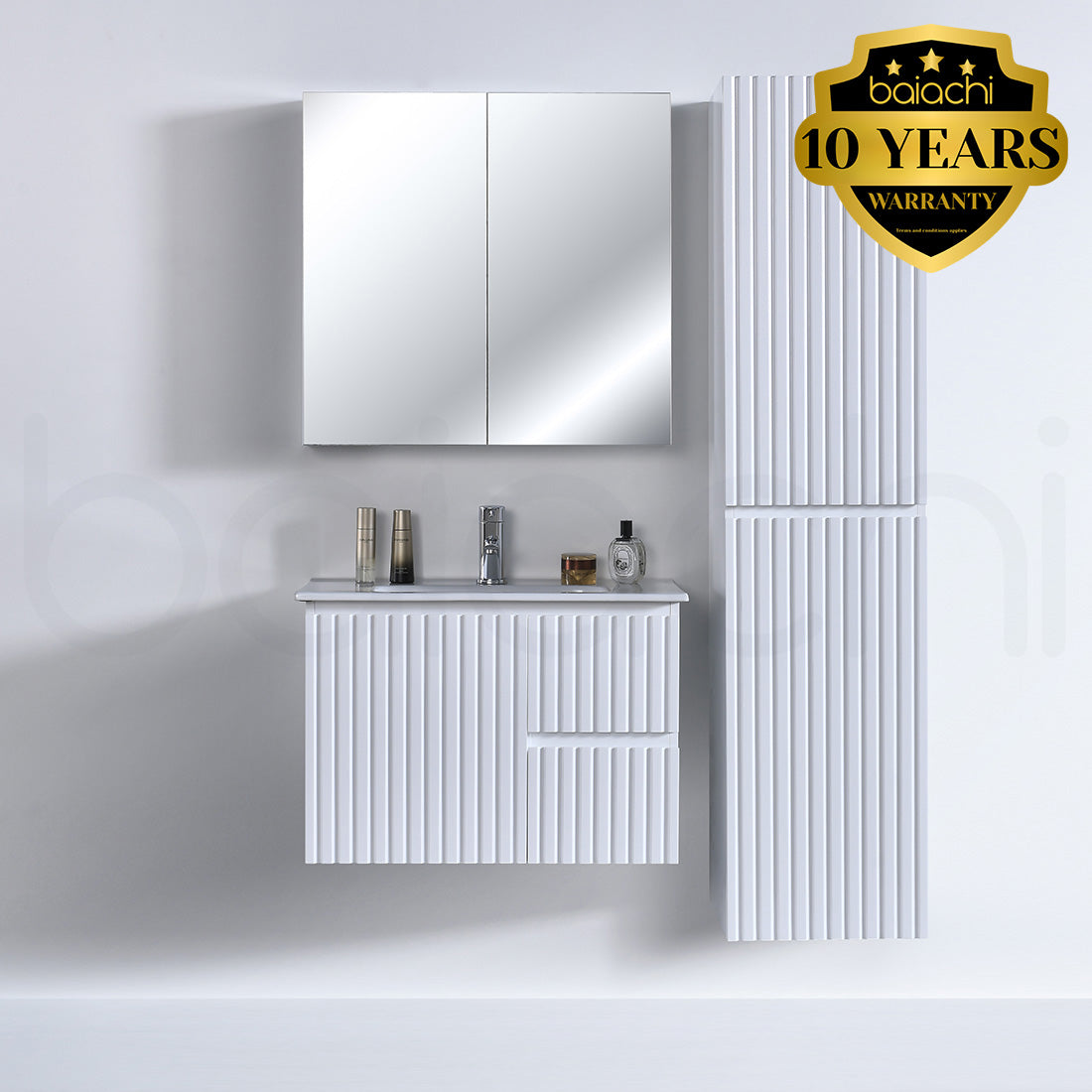 Baiachi Ivana Fluted 750mm PVC Water Proof Wall Hung Bathroom Vanity Right Drawers Cabinet