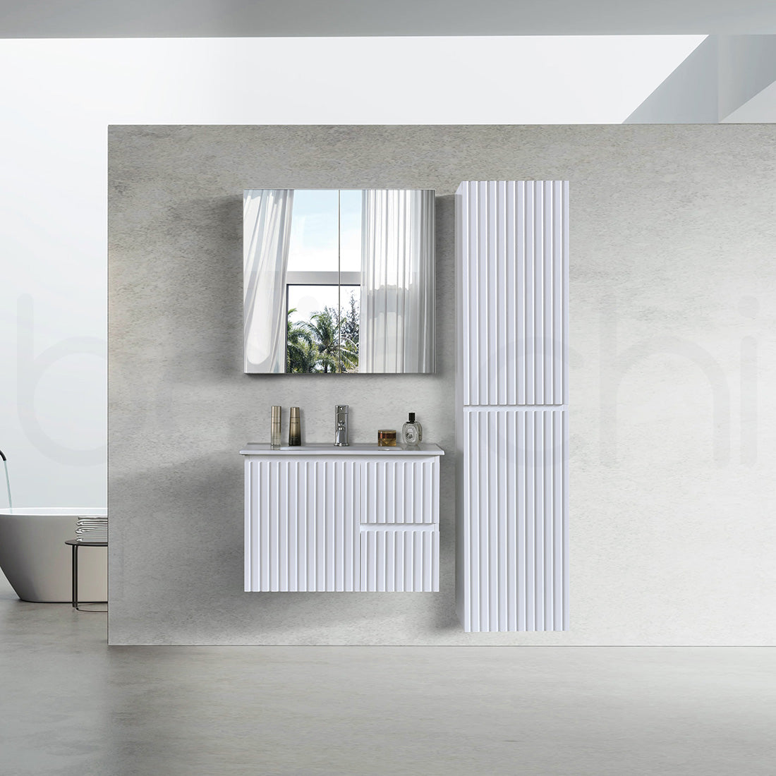Baiachi Ivana Fluted 750mm PVC Water Proof Wall Hung Bathroom Vanity Right Drawers Cabinet