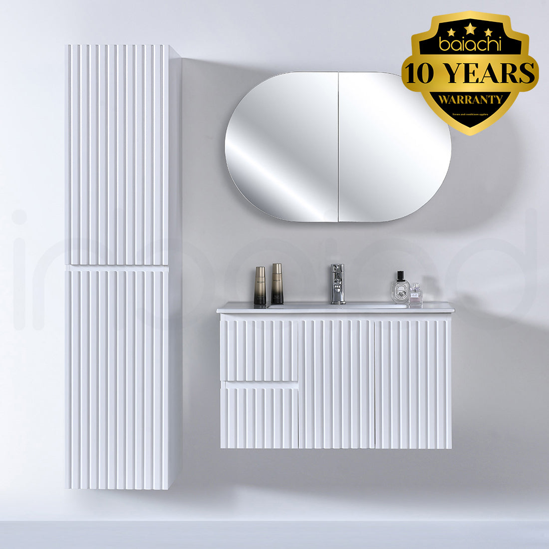 Baiachi Ivana Fluted 900mm PVC Water Proof Wall Hung Bathroom Vanity Left Drawers Cabinet