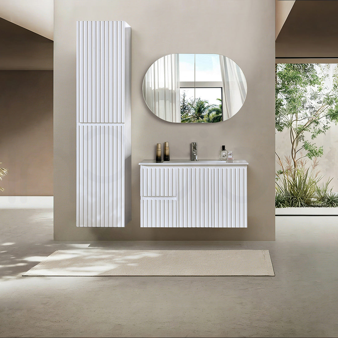 Baiachi Ivana Fluted 900mm PVC Water Proof Wall Hung Bathroom Vanity Left Drawers Cabinet