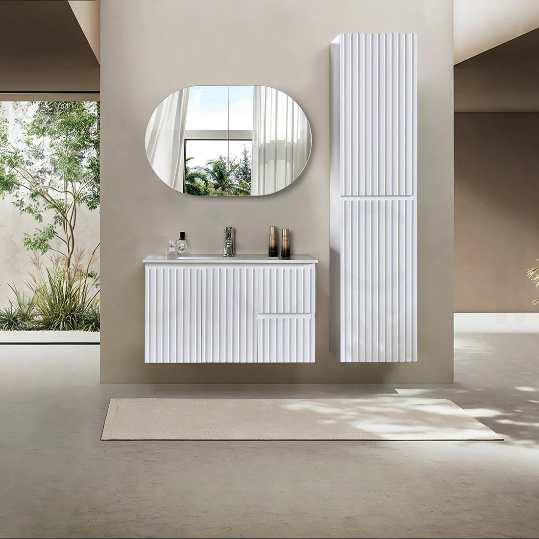 Baiachi Ivana Fluted 900mm PVC Water Proof Wall Hung Bathroom Vanity Right Drawers Cabinet