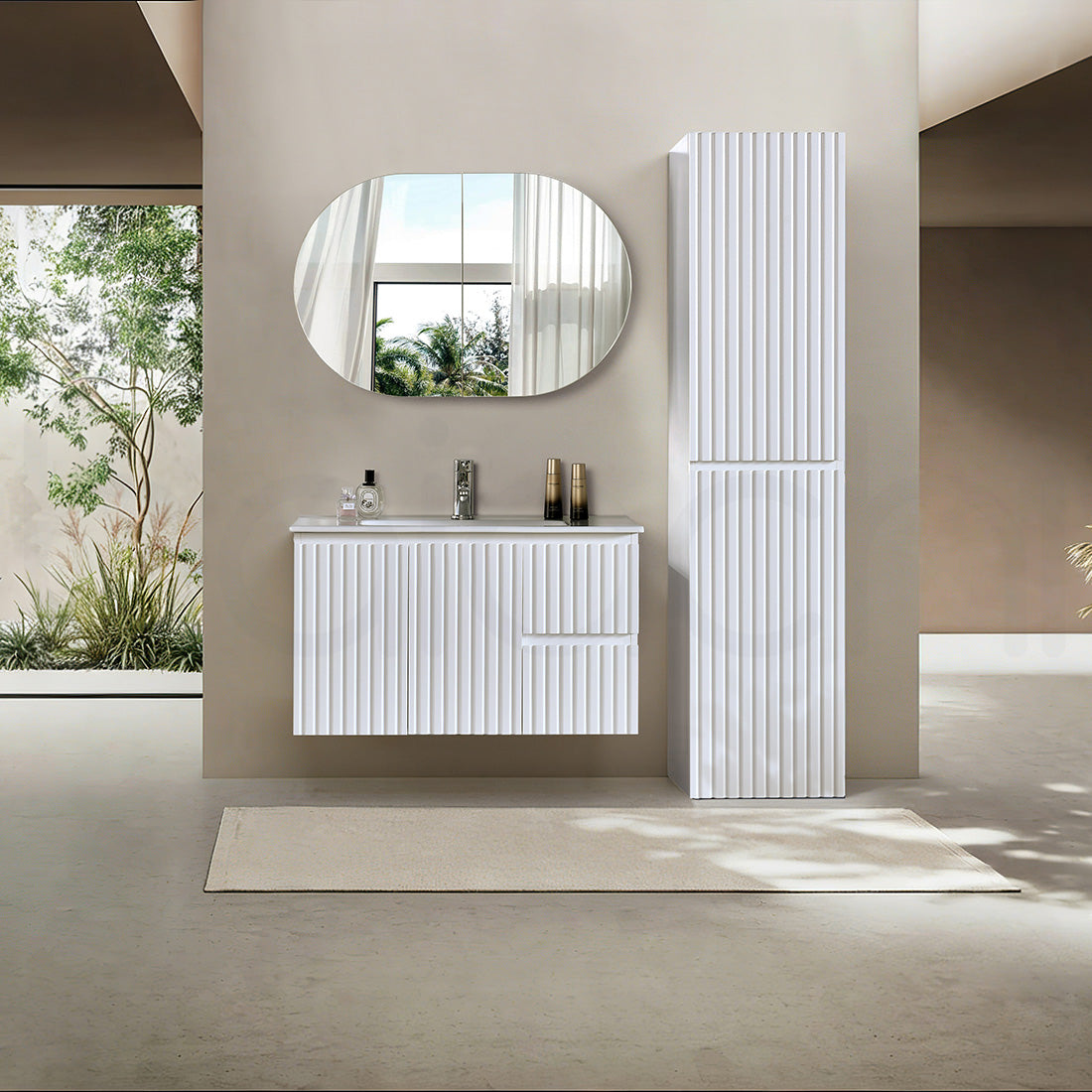 Baiachi Ivana Fluted 900mm PVC Water Proof Wall Hung Bathroom Vanity Right Drawers Cabinet