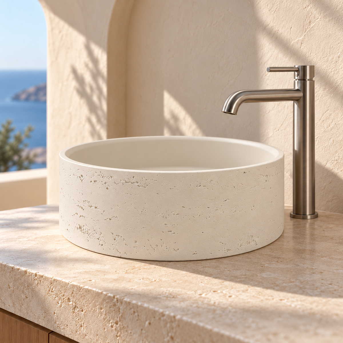 Baiachi Travertine Round Concrete Bathroom Counter Top Basin Tuscany Warm White
