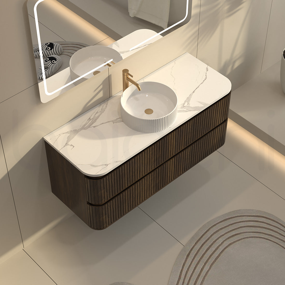 Baiachi Mareeba 1200 Fluted Timber Bathroom Vanity Wall Hung Black Walnut Calacatta Stone