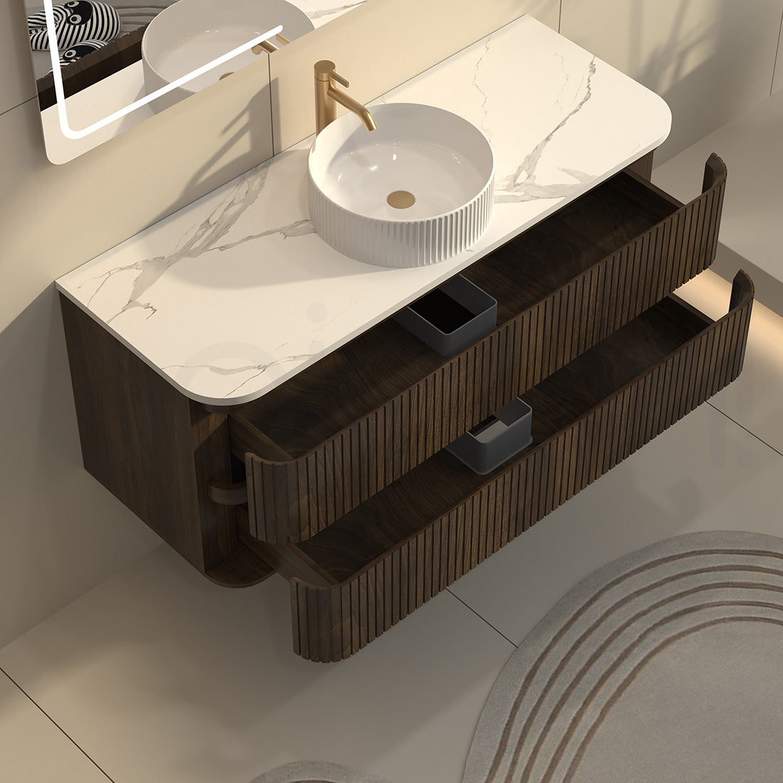 Baiachi Mareeba 1200 Fluted Timber Bathroom Vanity Wall Hung Black Walnut Calacatta Stone