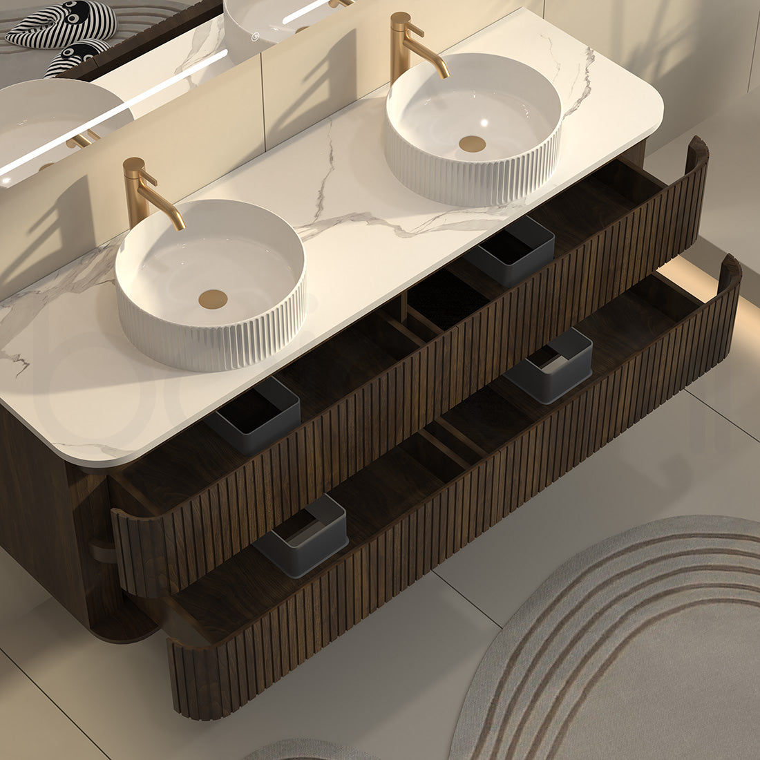Baiachi Mareeba 1500 Fluted Timber Bathroom Vanity Wall Hung Black Walnut Calacatta Stone