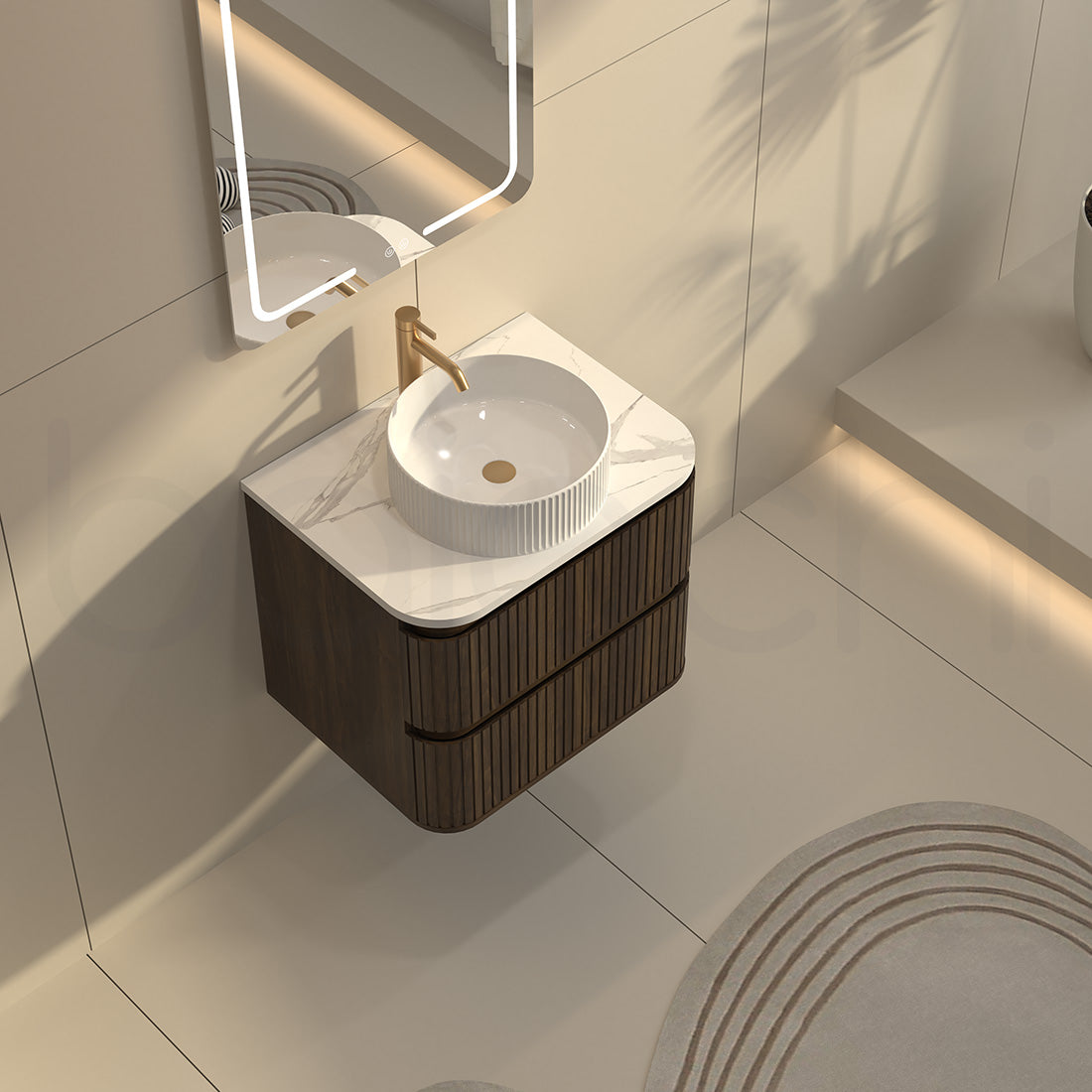 Baiachi Mareeba 600 Fluted Timber Bathroom Vanity Wall Hung Black Walnut Calacatta Stone