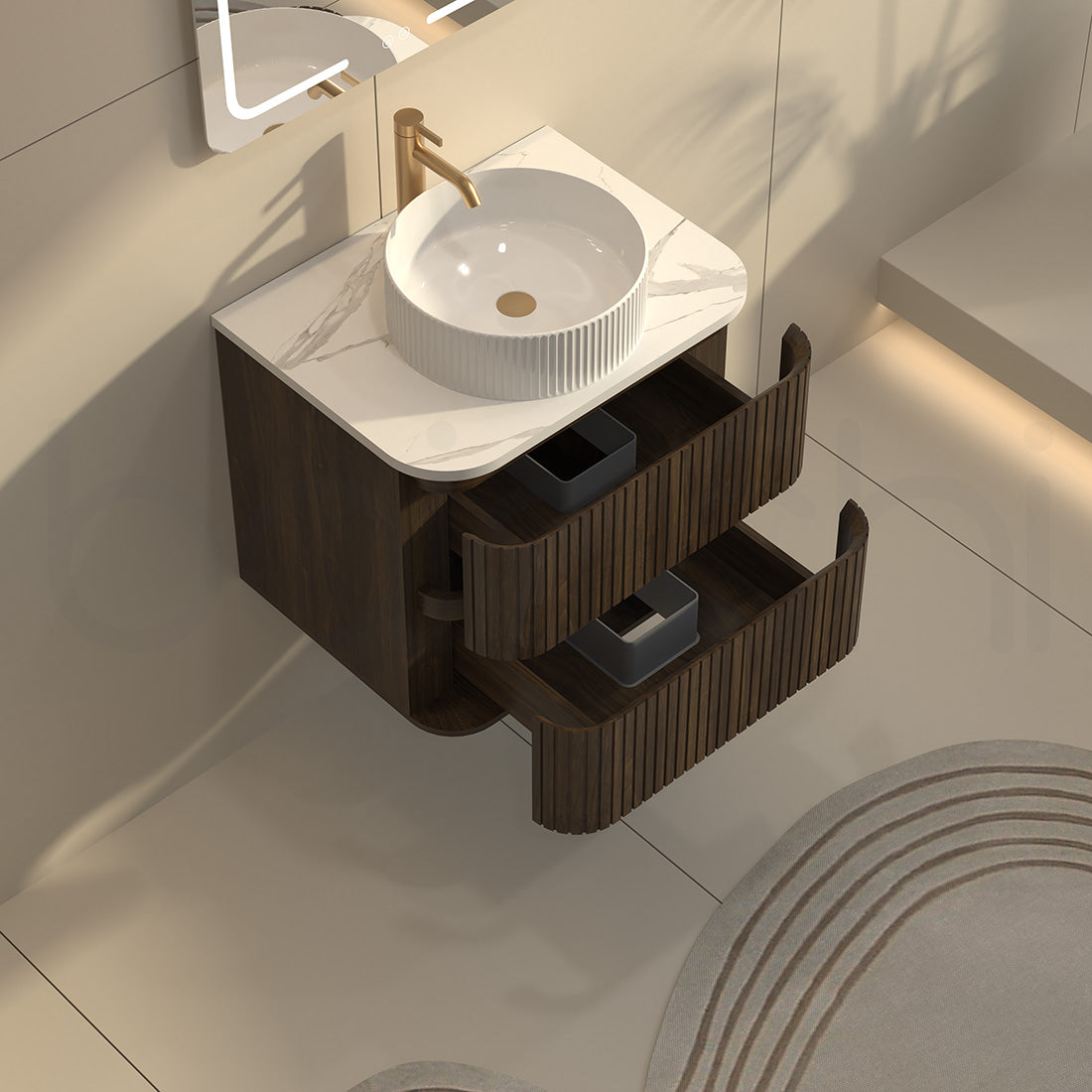 Baiachi Mareeba 600 Fluted Timber Bathroom Vanity Wall Hung Black Walnut Calacatta Stone