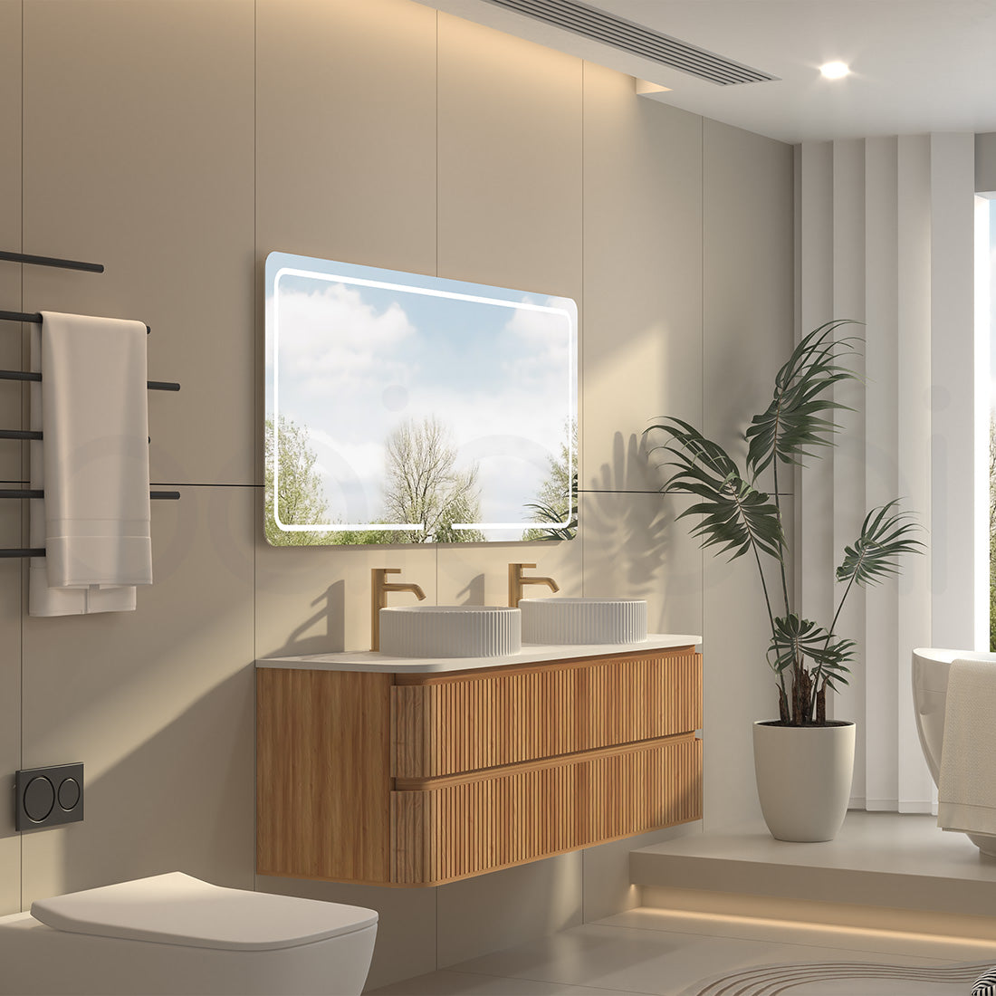 Baiachi Mareeba 1500 Timber Fluted Wall Hung Bathroom Vanity Calacatta Stone