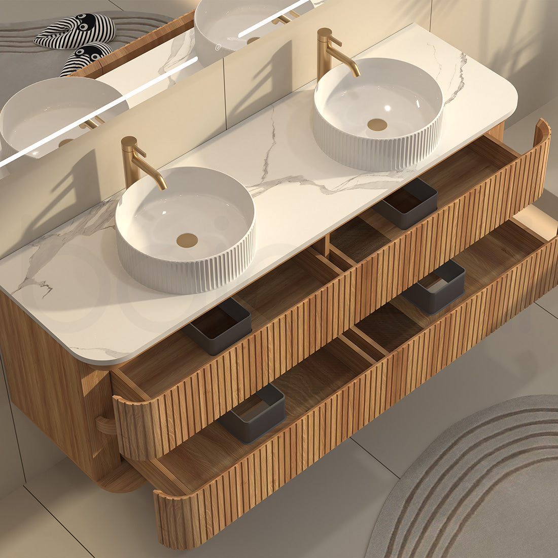 Baiachi Mareeba 1500 Timber Fluted Wall Hung Bathroom Vanity Calacatta Stone