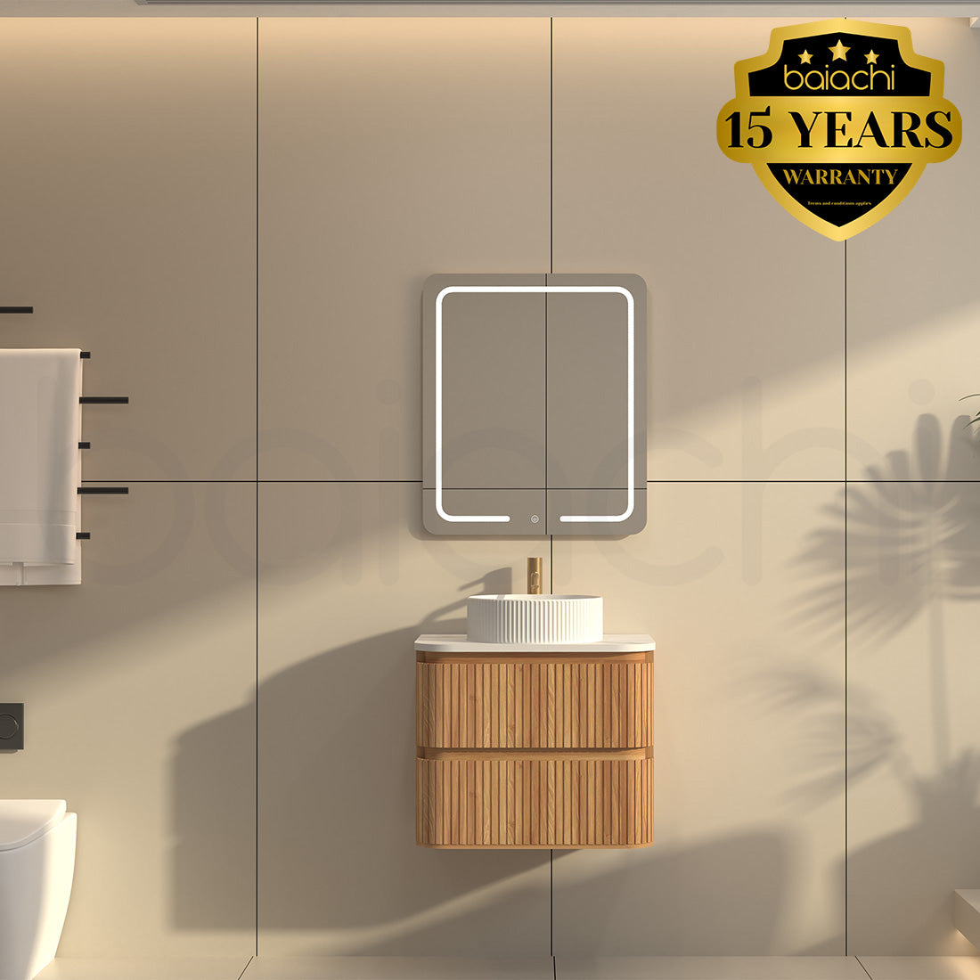Baiachi Mareeba 600 Timber Fluted Wall Hung Bathroom Vanity Calacatta Stone
