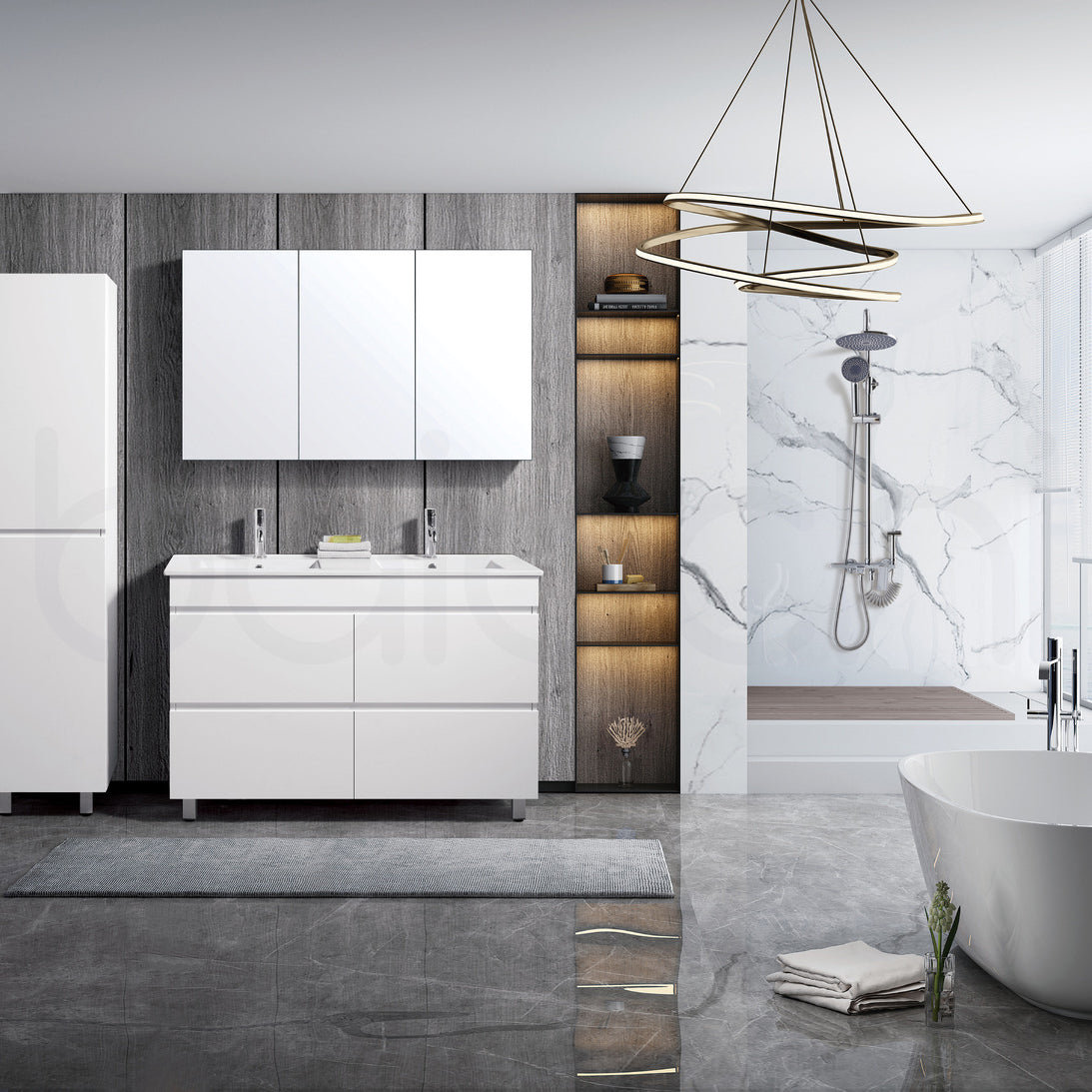 Vellena 1200mm PVC Water Proof Bathroom Vanity Double Ceramic Basin