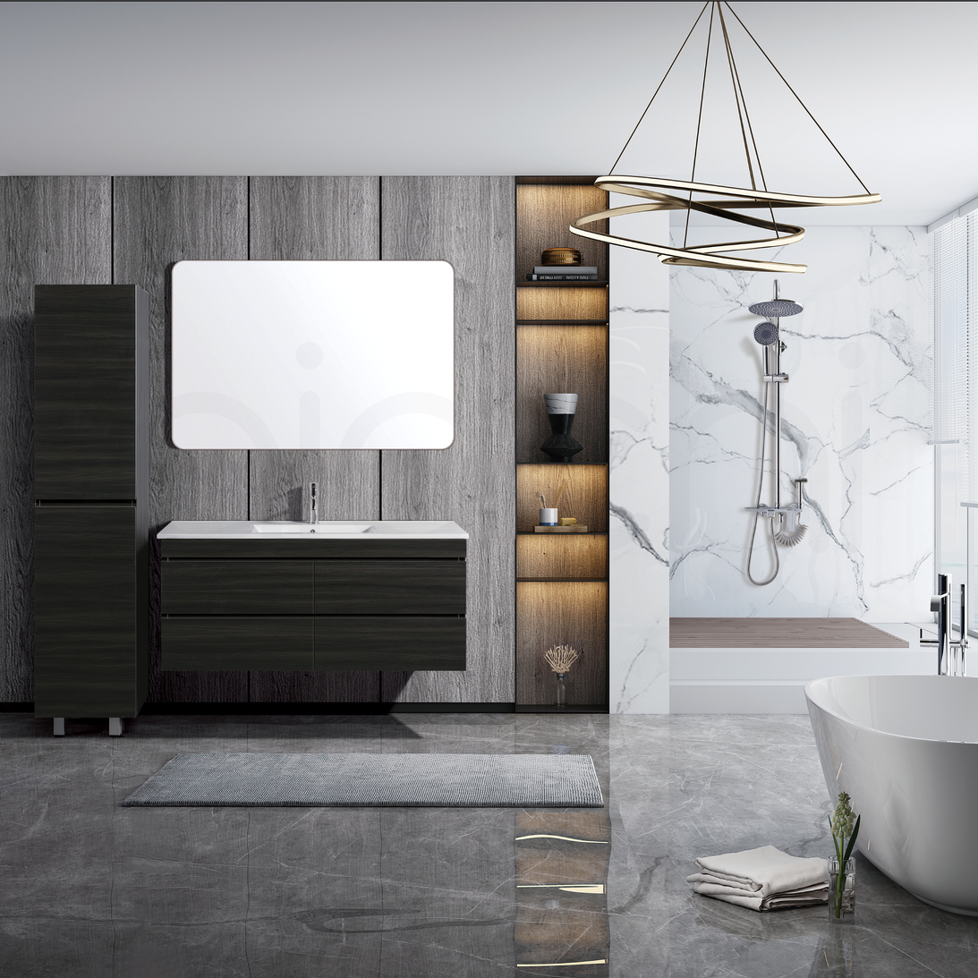 Vellena 1200mm PVC Water Proof Empire Oak Wall Hung Bathroom Vanity Double Ceramic Basin