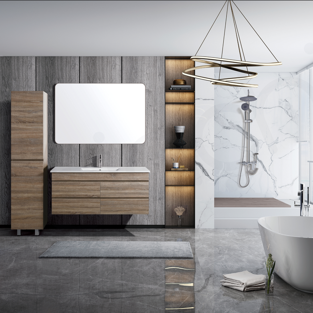 Vellena 1200mm PVC Water Proof Prime Oak Wall Hung Bathroom Vanity Double Ceramic Basin