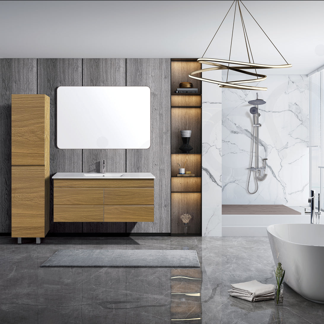 Vellena 1200mm Plywood Prime Oak Wall Hung Bathroom Vanity White Stone