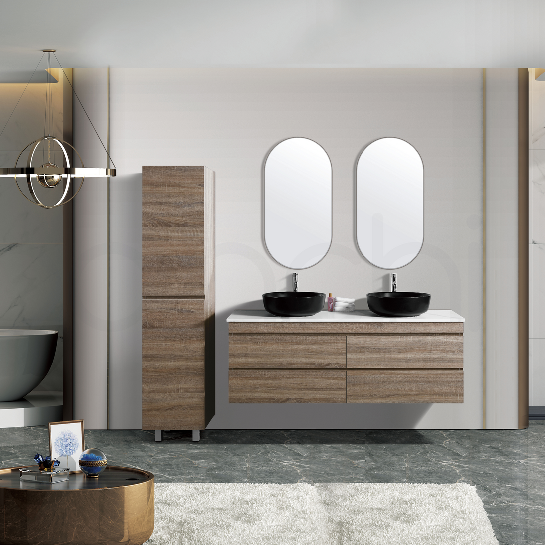 Vellena 1500mm PVC Water Proof Prime Oak Wall Hung Bathroom Vanity Double Poly Marble Basin