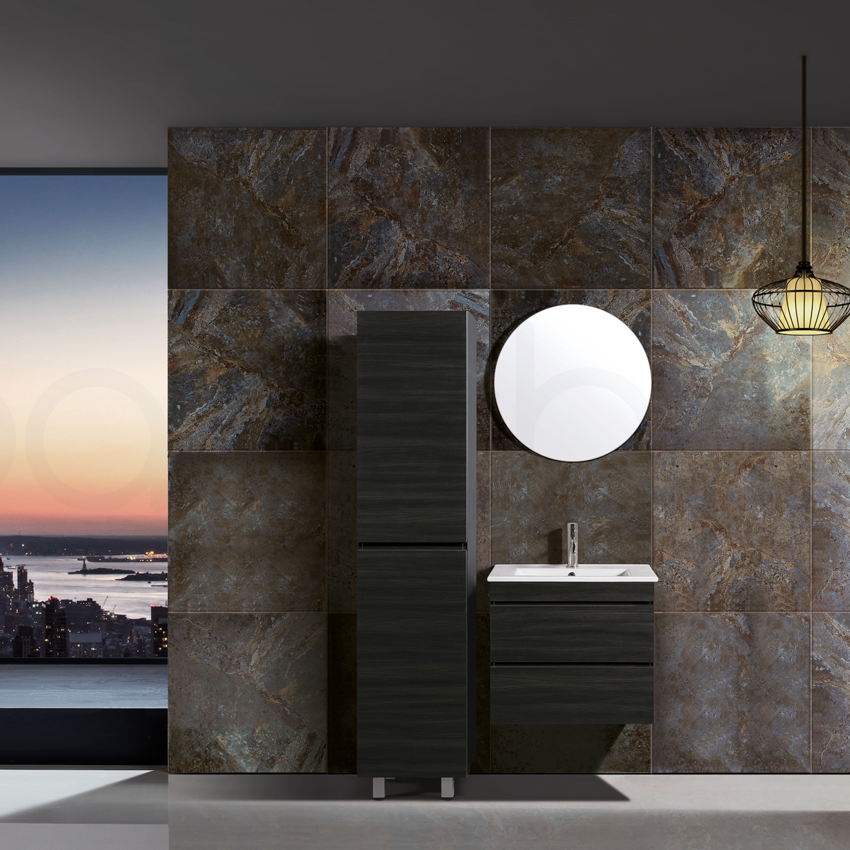 Vellena 600mm PVC Water Proof Empire Oak Wall Hung Bathroom Vanity Calacatta Quartz Stone