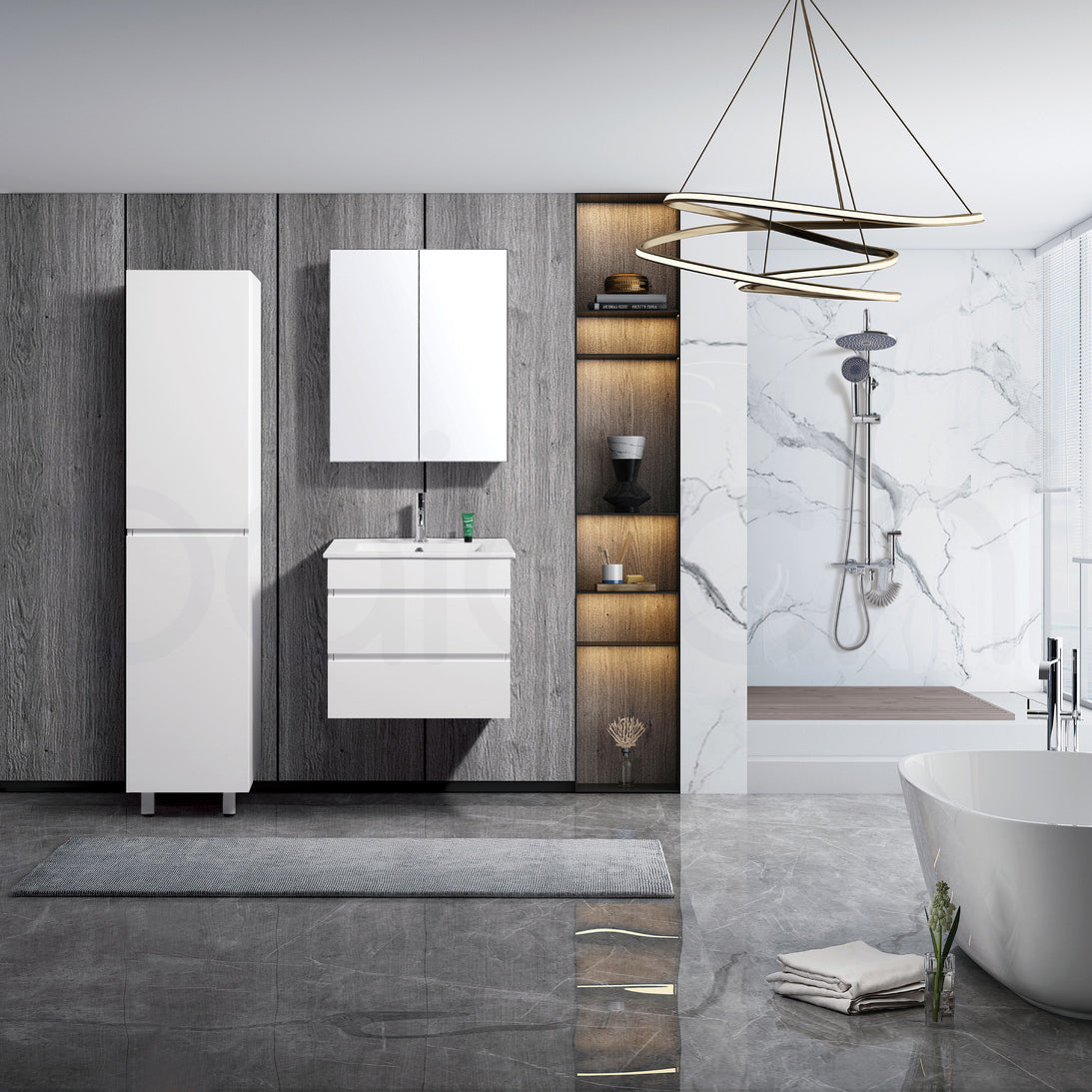 Vellena 600mm PVC Water Proof Wall Hung Bathroom Vanity White Quartz Stone