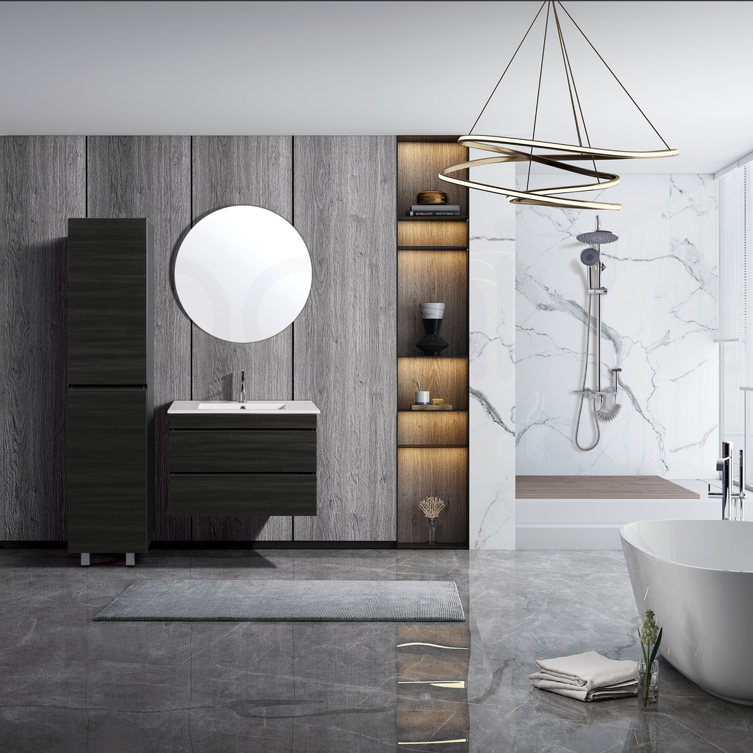 Vellena 750mm PVC Water Proof Empire Oak Wall Hung Bathroom Vanity White Quartz Stone
