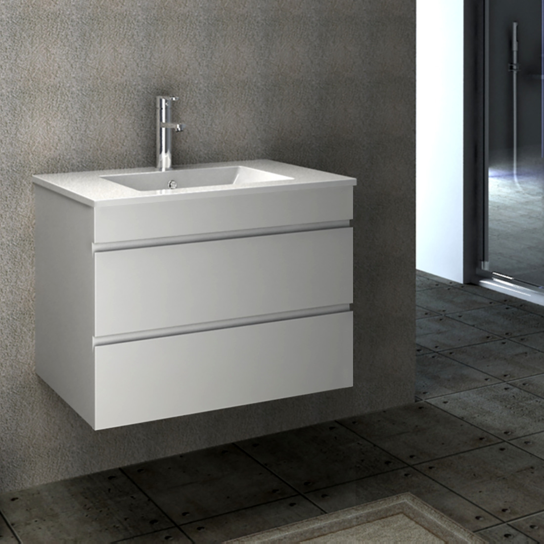 Vellena 750mm PVC Water Proof Matte White Wall Hung Bathroom Vanity White Quartz Stone