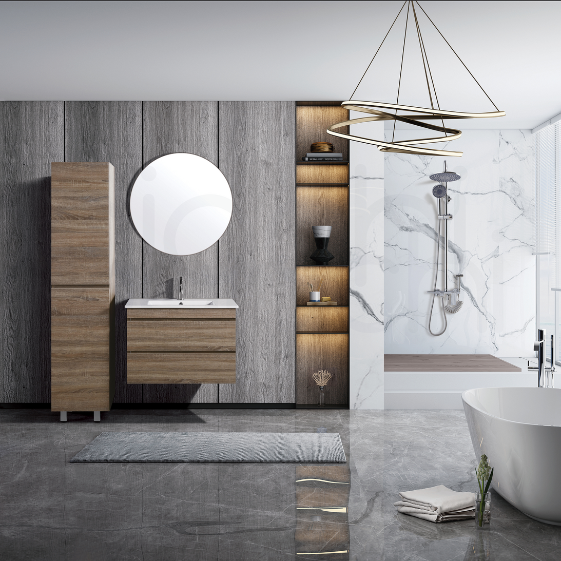 Vellena 750mm PVC Water Proof Prime Oak Wall Hung Bathroom Vanity Calacatta Quartz Stone