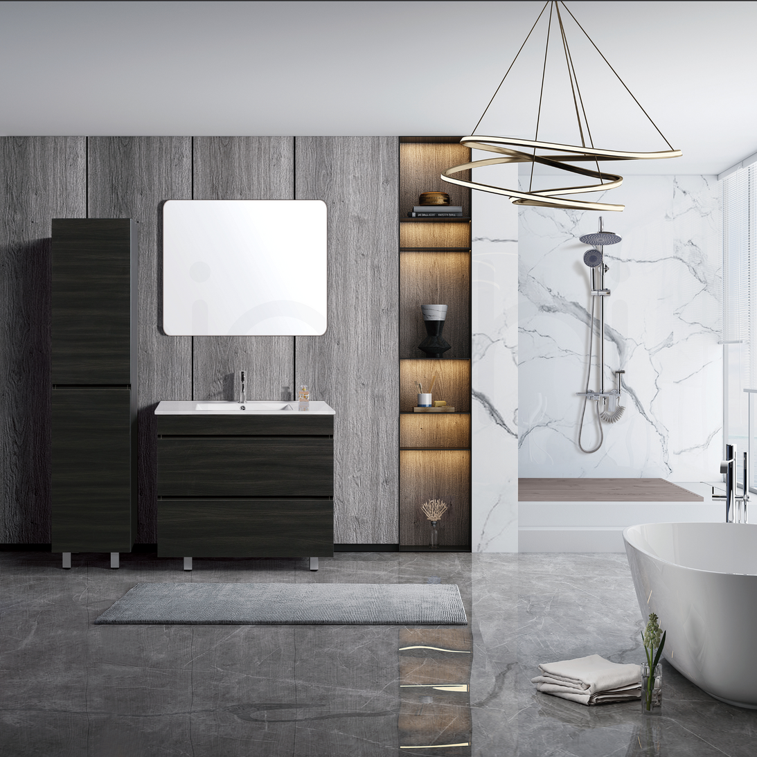 Vellena 900mm PVC Water Proof Empire Oak Bathroom Vanity Ceramic Basin