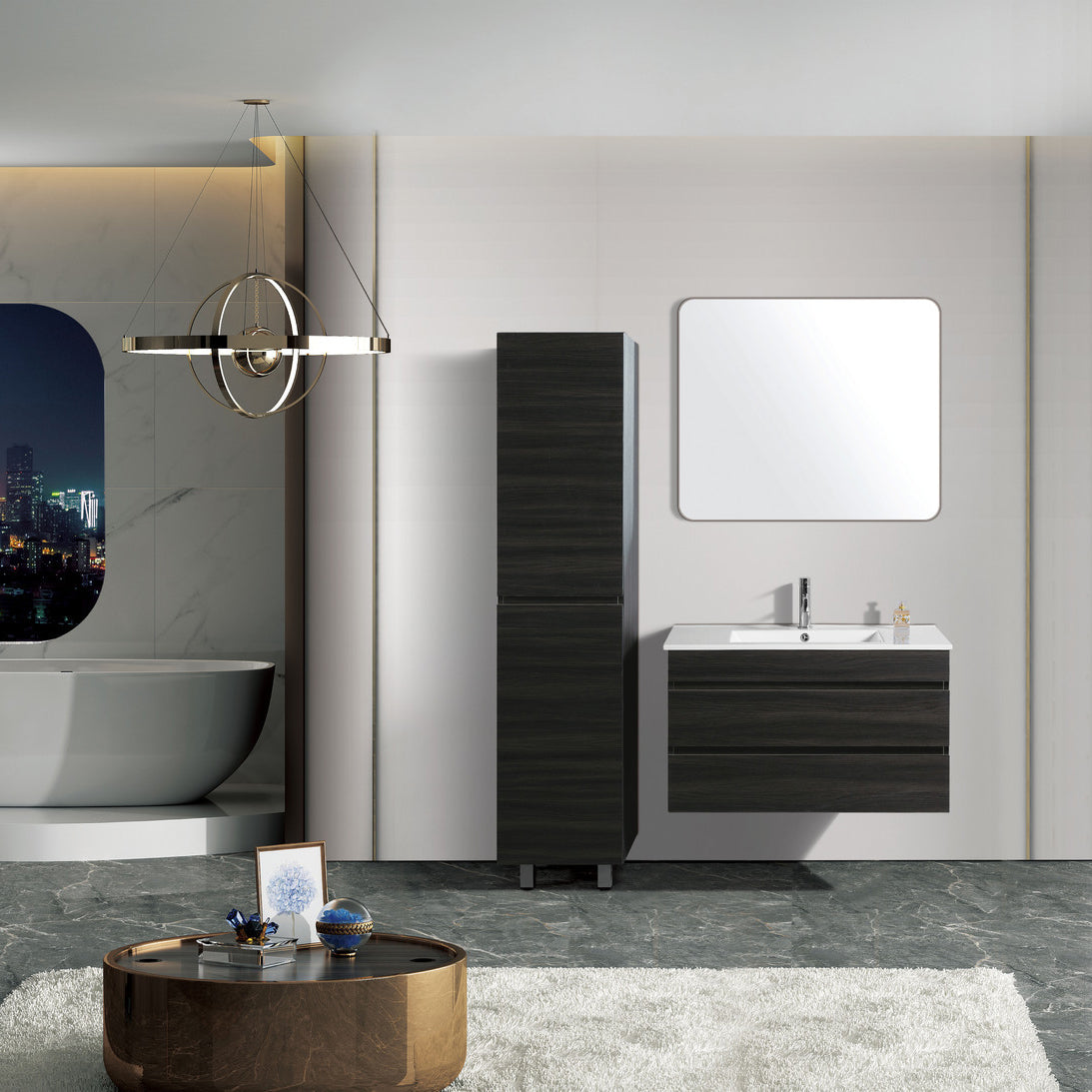 Vellena 900mm PVC Water Proof Empire Oak Wall Hung Bathroom Vanity White Quartz Stone